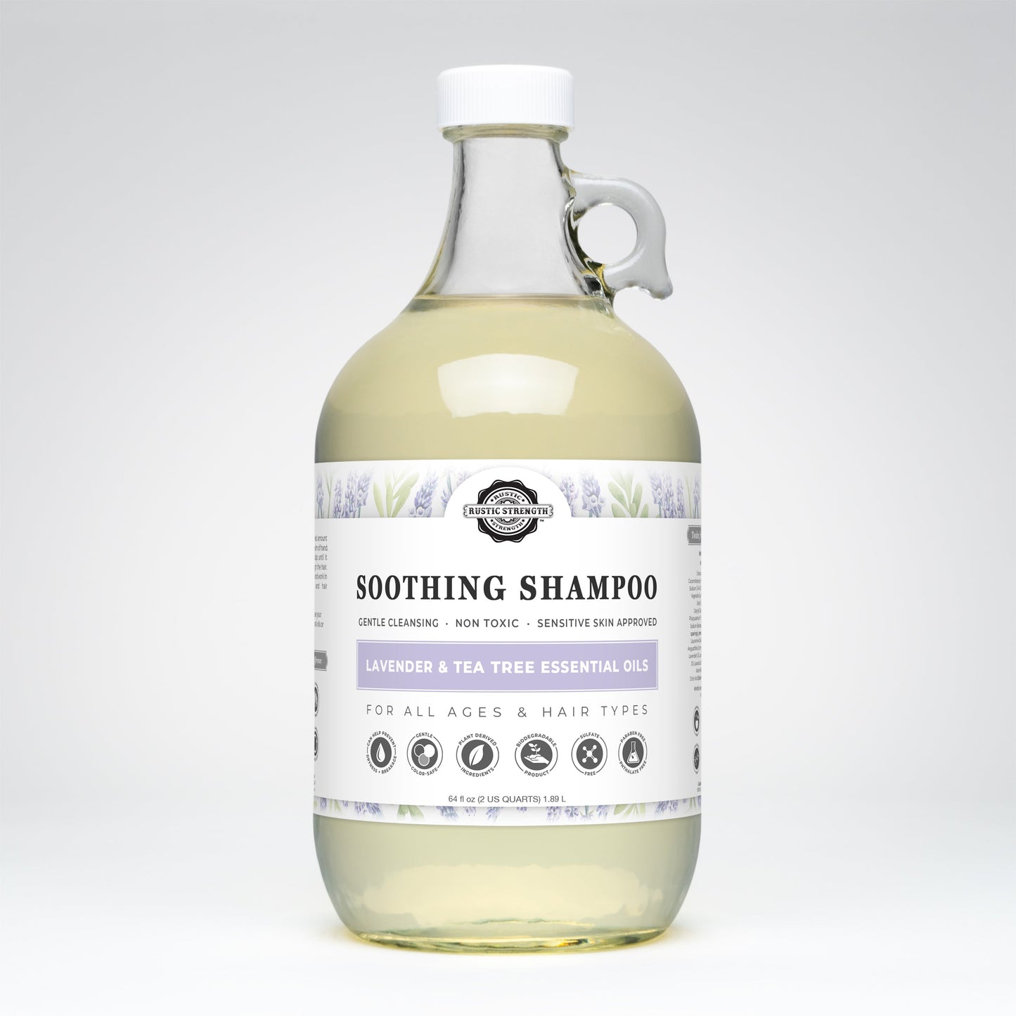 Rustic Strength Soothing Shampoo with lavender and tea tree, 16 oz bottle, showing the shampoo’s label and natural ingredients