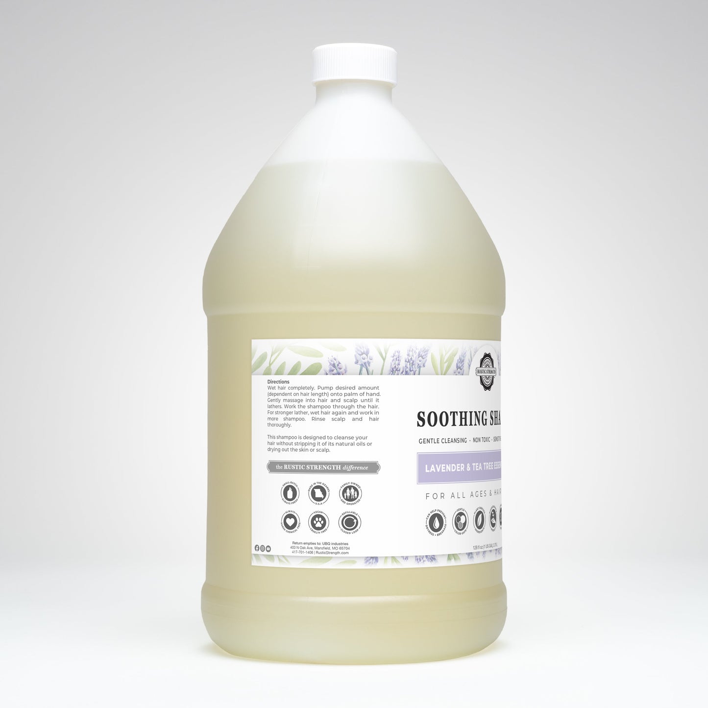 Rustic Strength Soothing Shampoo with lavender and tea tree for gentle hair cleansing, 16 oz bottle.