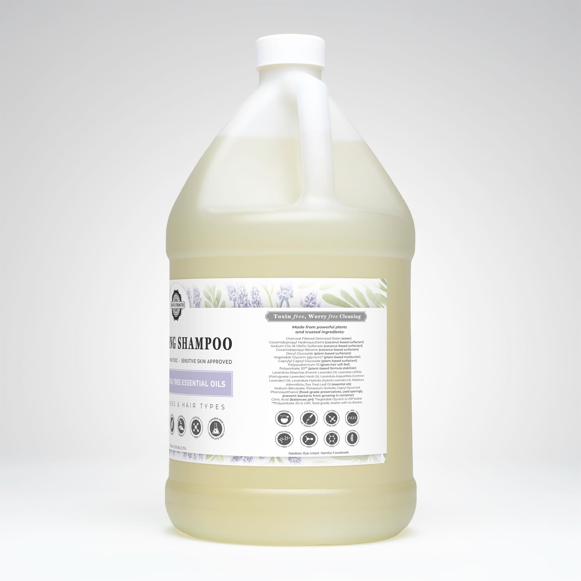 Rustic Strength Soothing Shampoo with lavender and tea tree, 16 oz bottle, showcasing the natural ingredients and product label.