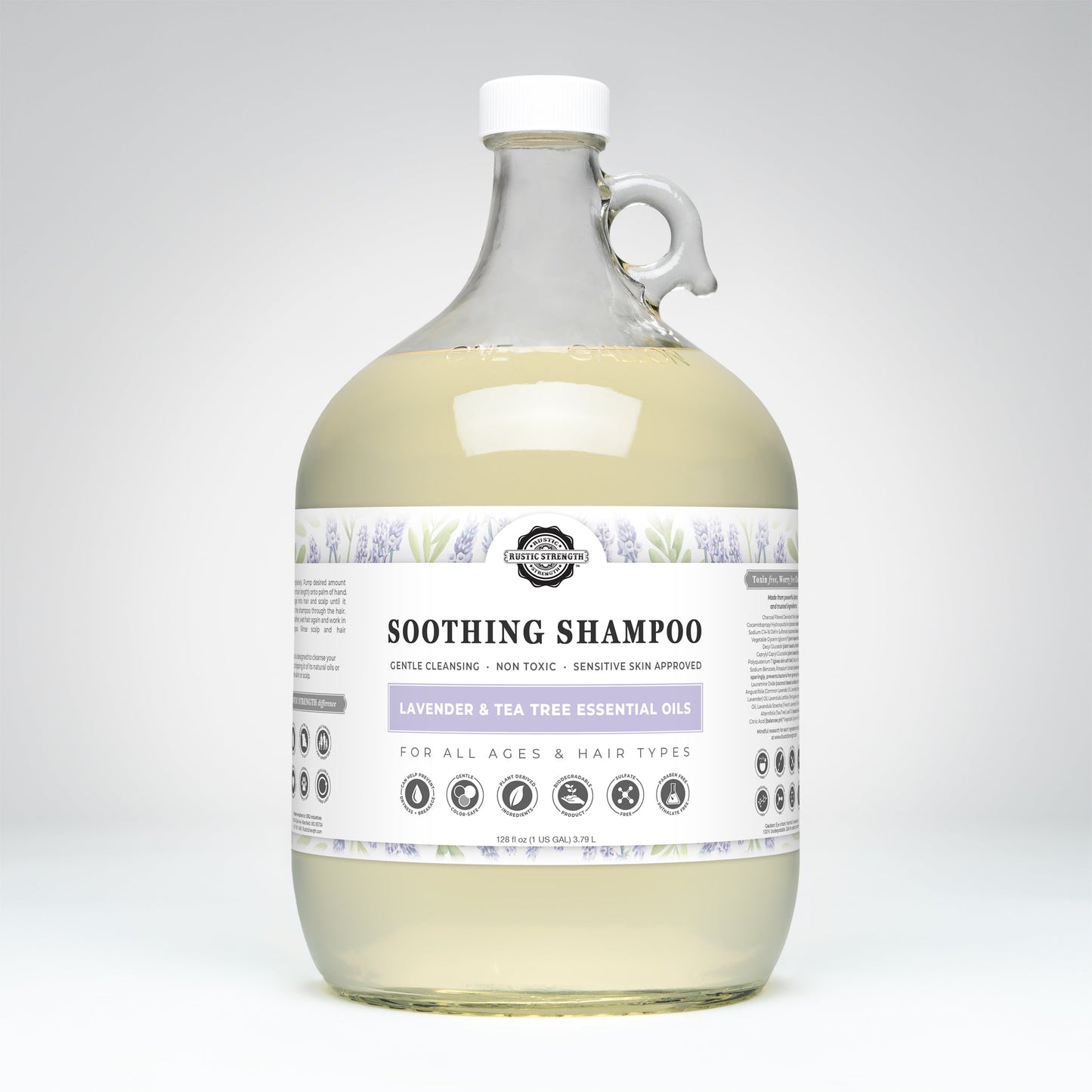 Rustic Strength Soothing Shampoo with lavender and tea tree, showing the 16 oz bottle with natural ingredients and calming label.