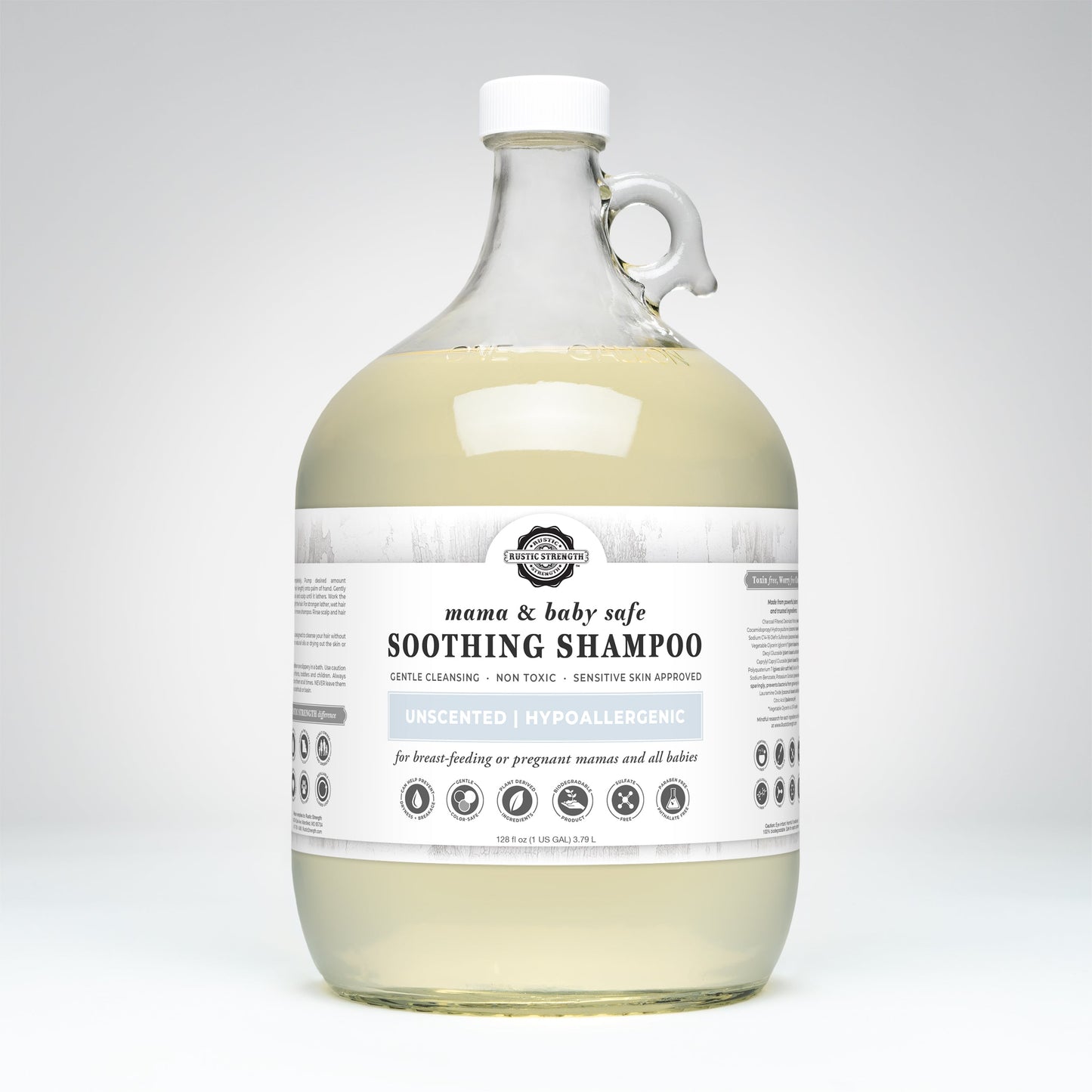 Rustic Strength Soothing Shampoo in a 16 oz bottle, gentle and safe for mama and baby, with calming hair and scalp benefits.