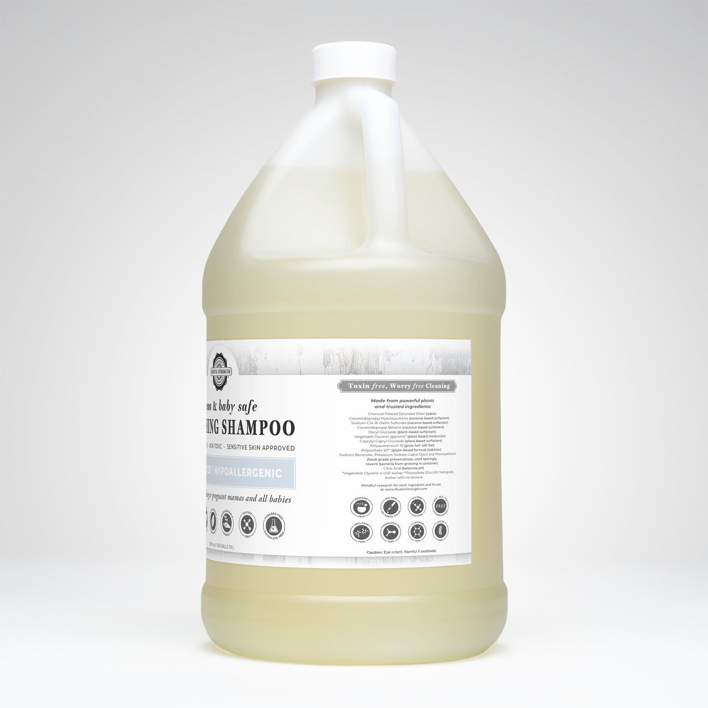 Rustic Strength Soothing Shampoo for Mama and Baby, 16 oz bottle, gentle and safe for sensitive skin.