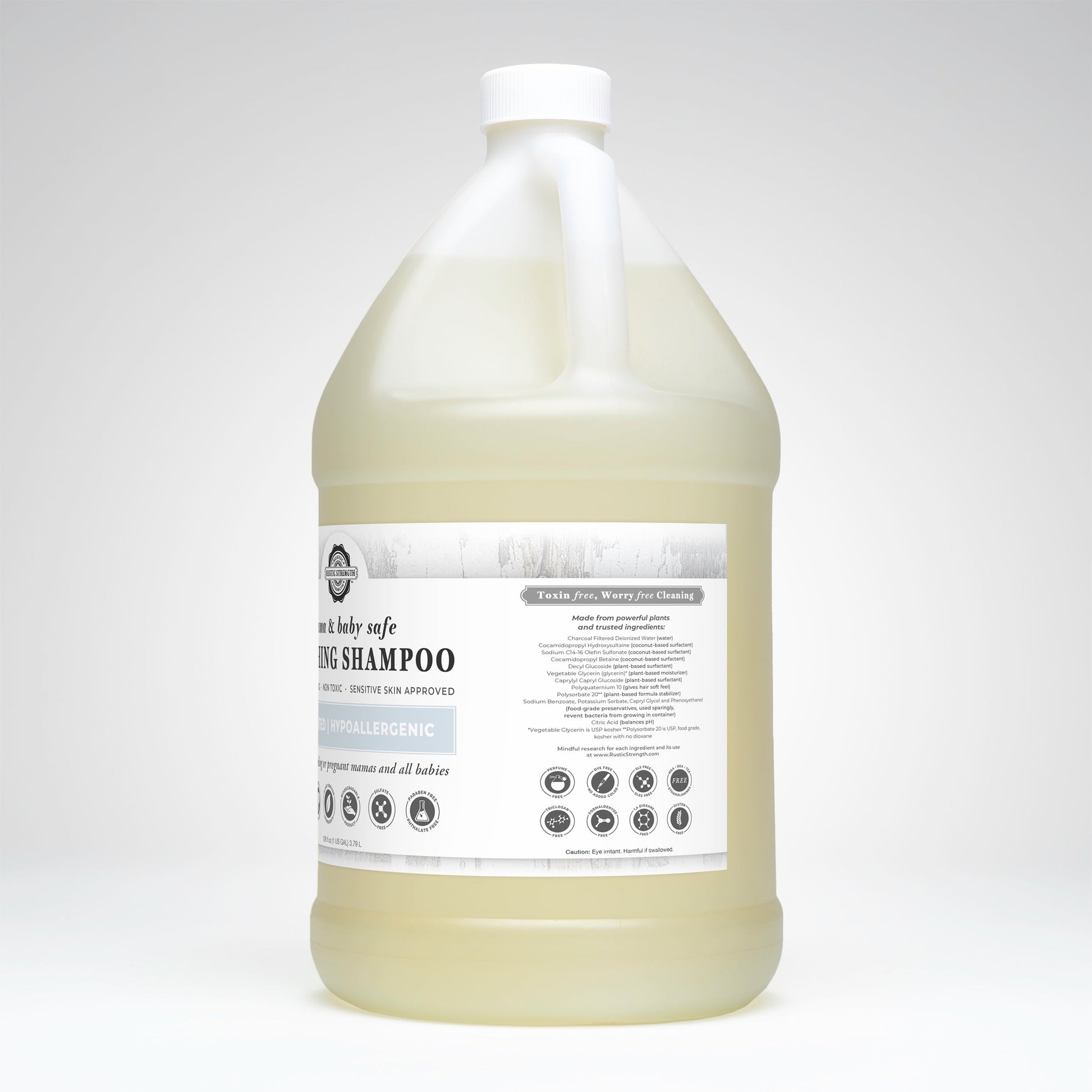 Rustic Strength Soothing Shampoo for Mama and Baby, 16 oz bottle, gentle and safe for sensitive skin.