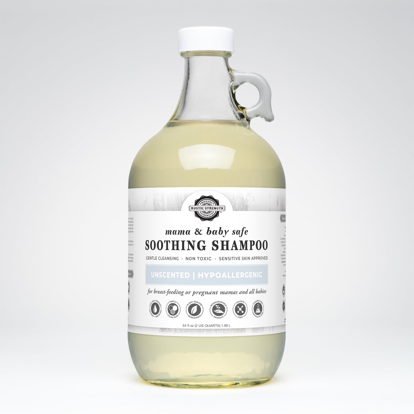 Rustic Strength Soothing Shampoo in 16 oz bottle, gentle formula safe for mama and baby, with natural ingredients for sensitive skin.