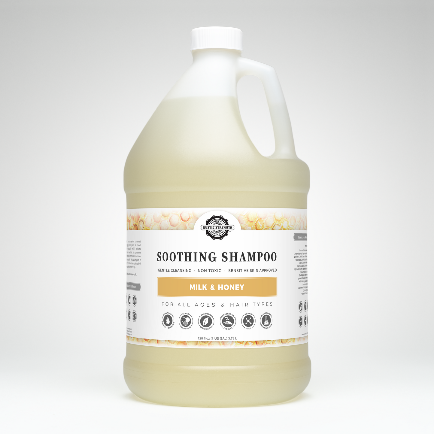 Rustic Strength Milk & Honey Soothing Shampoo bottle, 16 oz, with creamy labels and a natural, gentle hair care look.