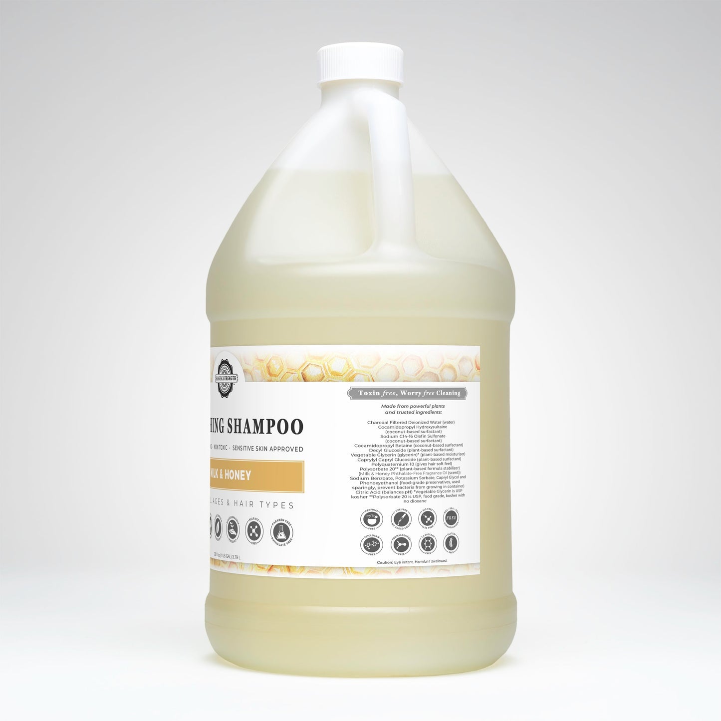 Rustic Strength Milk & Honey Soothing Shampoo bottle with creamy formula and natural ingredients for gentle hair cleansing.