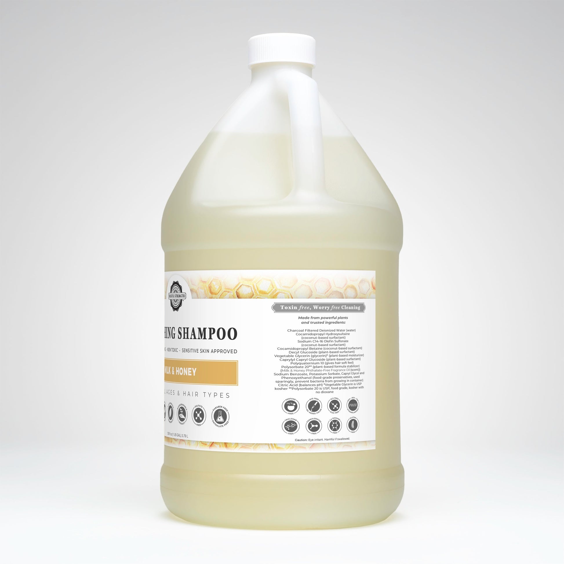 Rustic Strength Milk & Honey Soothing Shampoo bottle with creamy formula and natural ingredients for gentle hair cleansing.