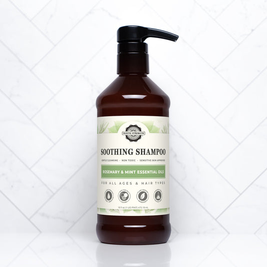 Rustic Strength Soothing Shampoo with rosemary and mint, 16 oz bottle, natural ingredients for gentle hair cleansing.