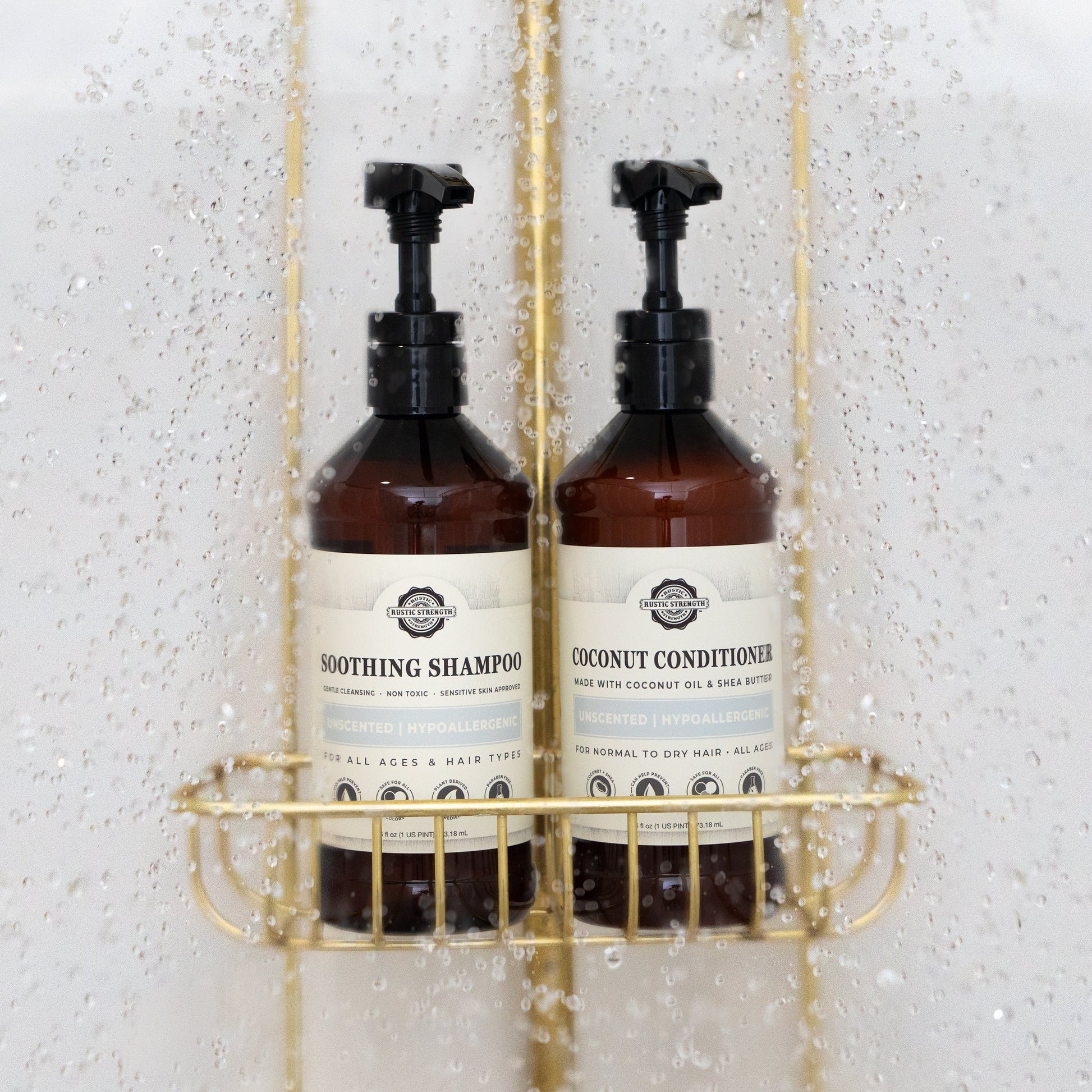 Rustic Strength Soothing Shampoo with rosemary and mint, 16 oz bottle, showing the shampoo's herbal ingredients and packaging.