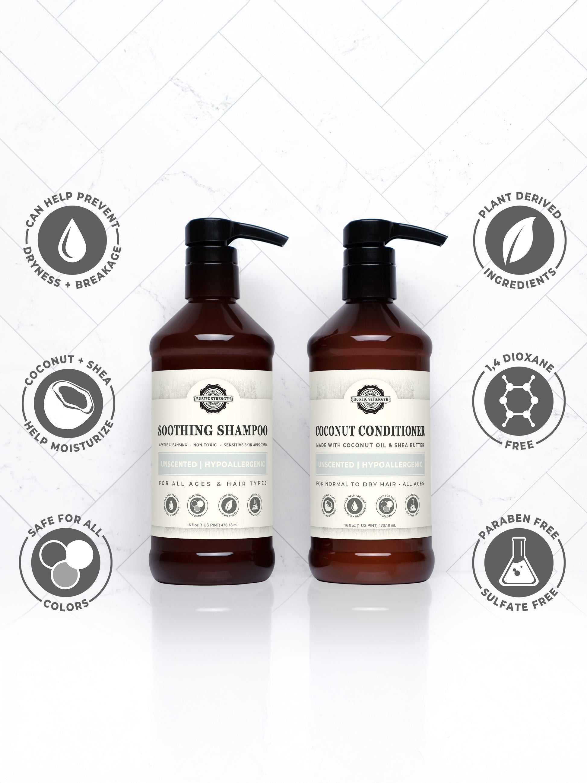 Rustic Strength Soothing Shampoo with rosemary and mint, 16 oz bottle, featuring fresh herbal ingredients for gentle scalp cleansing.