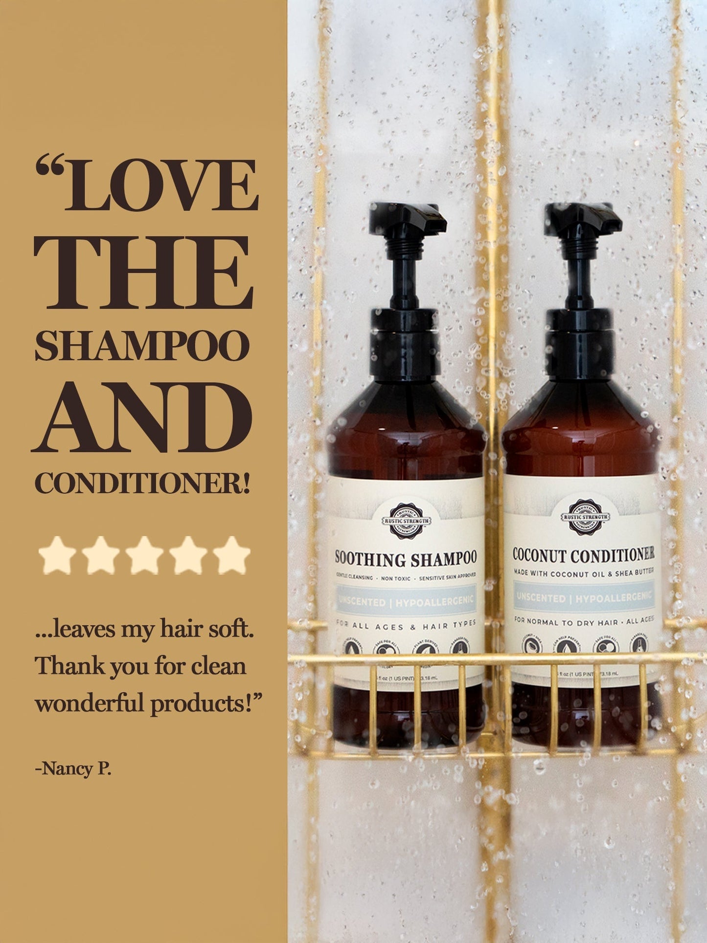 Rustic Strength Soothing Shampoo with rosemary and mint, 16 oz bottle showing the shampoo's label and fresh herbal ingredients.