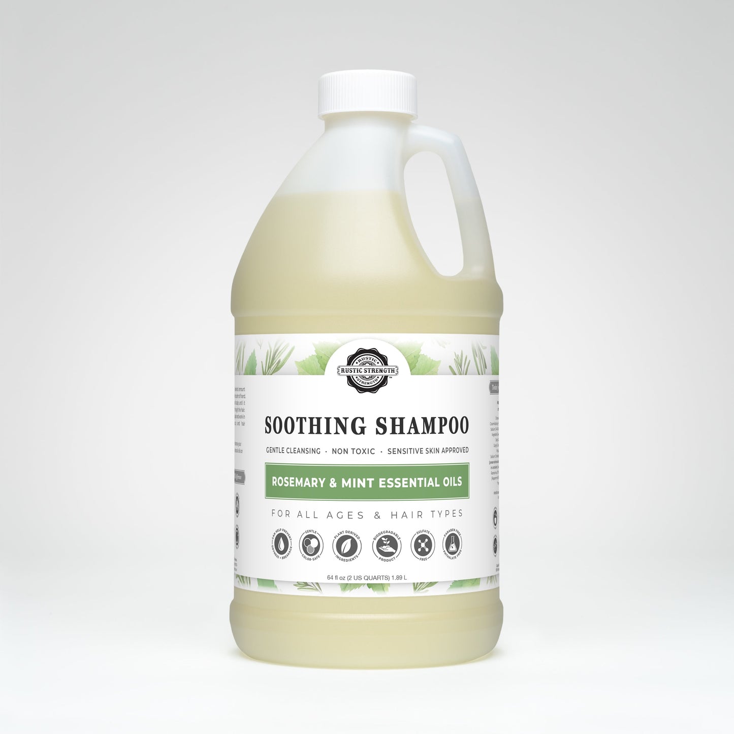 Rustic Strength Soothing Shampoo with rosemary and mint, showing a 16 oz bottle with fresh rosemary and mint leaves.