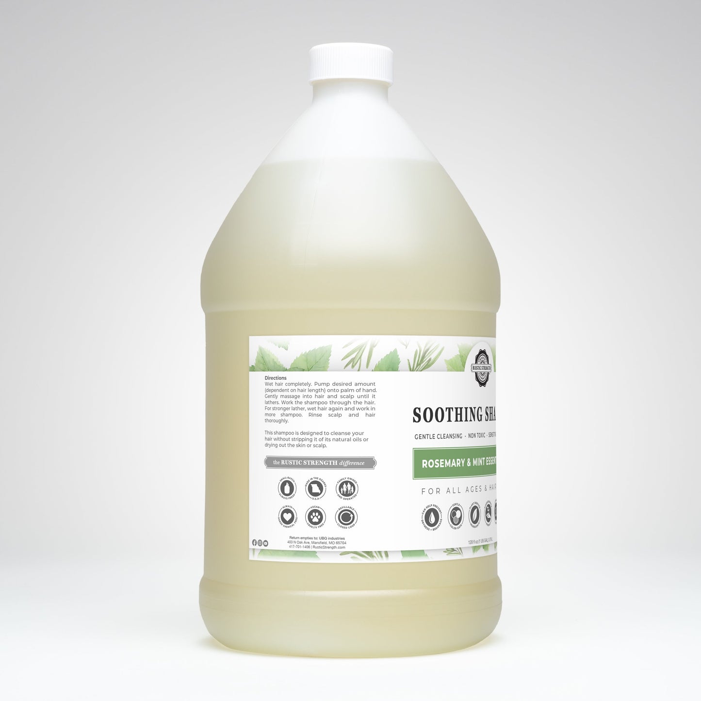 Rustic Strength Soothing Shampoo with rosemary and mint, showing a 16 oz bottle with fresh rosemary and mint sprigs.