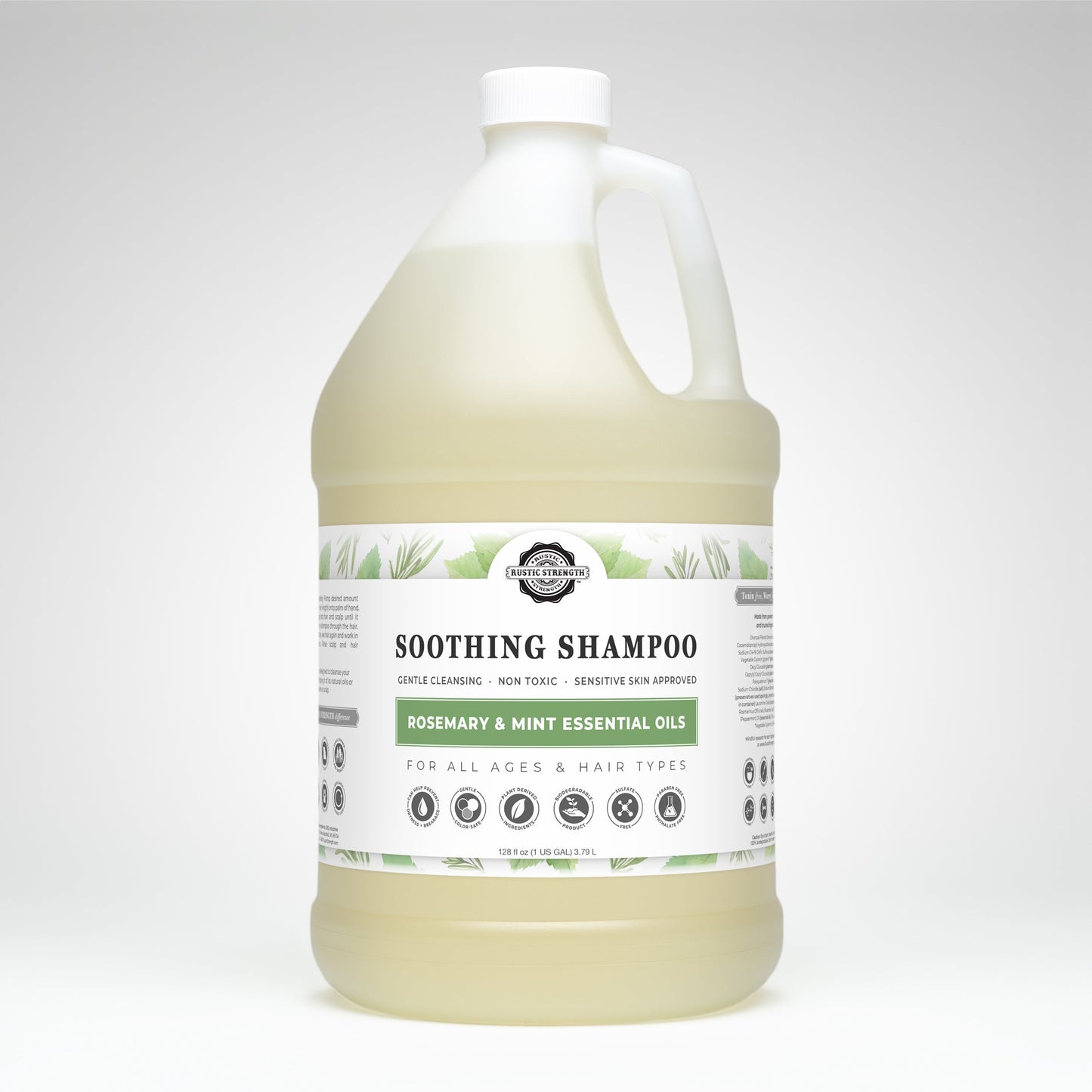 Rustic Strength Rosemary & Mint Soothing Shampoo bottle, 16 oz, with fresh rosemary and mint herbs for scalp soothing and hair cleansing.