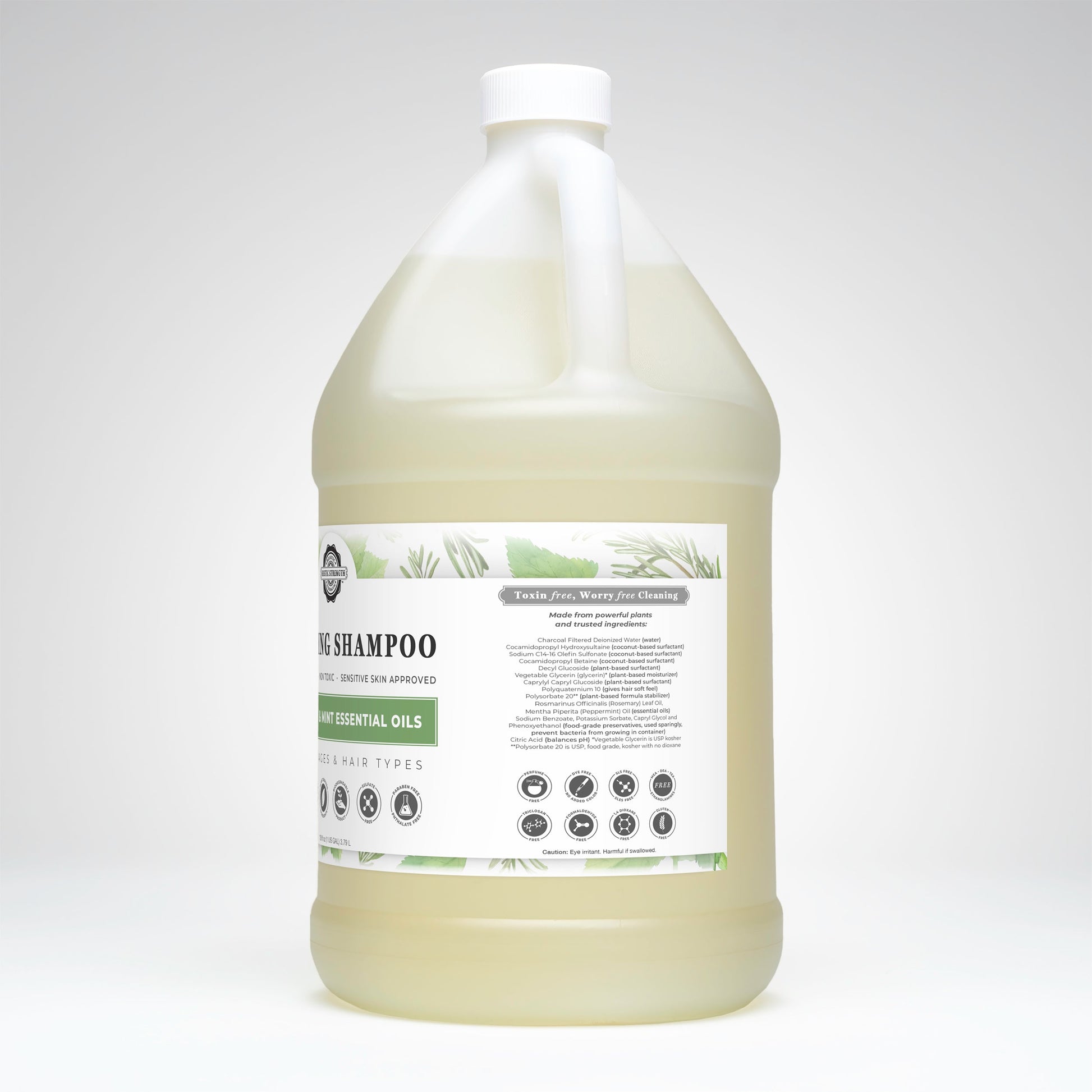 Rustic Strength Soothing Shampoo with rosemary and mint, showing a 16 oz bottle with fresh herbs and a clean, natural design.
