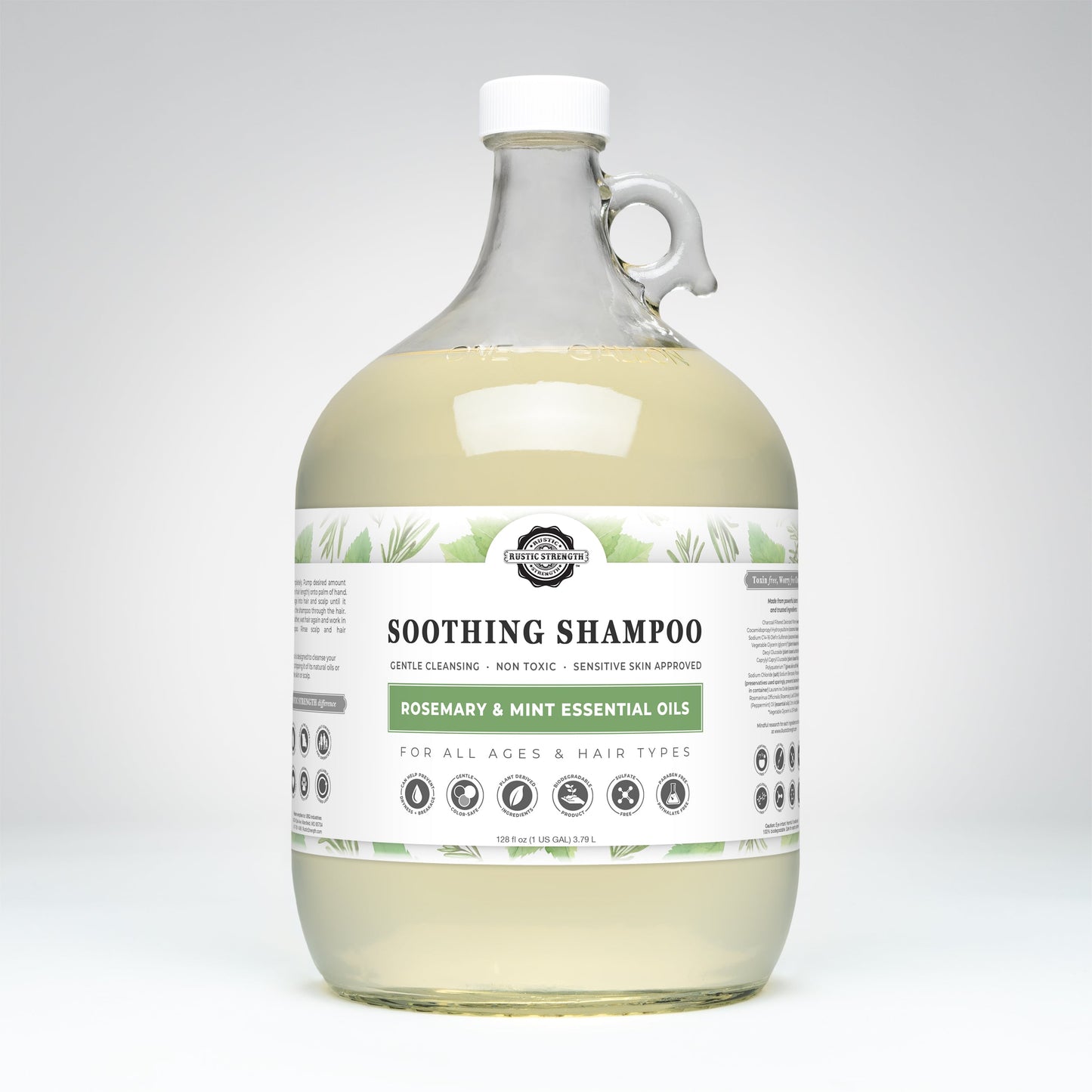 Rustic Strength Soothing Shampoo with rosemary and mint, 16 oz bottle, featuring fresh herbal ingredients for gentle cleansing.