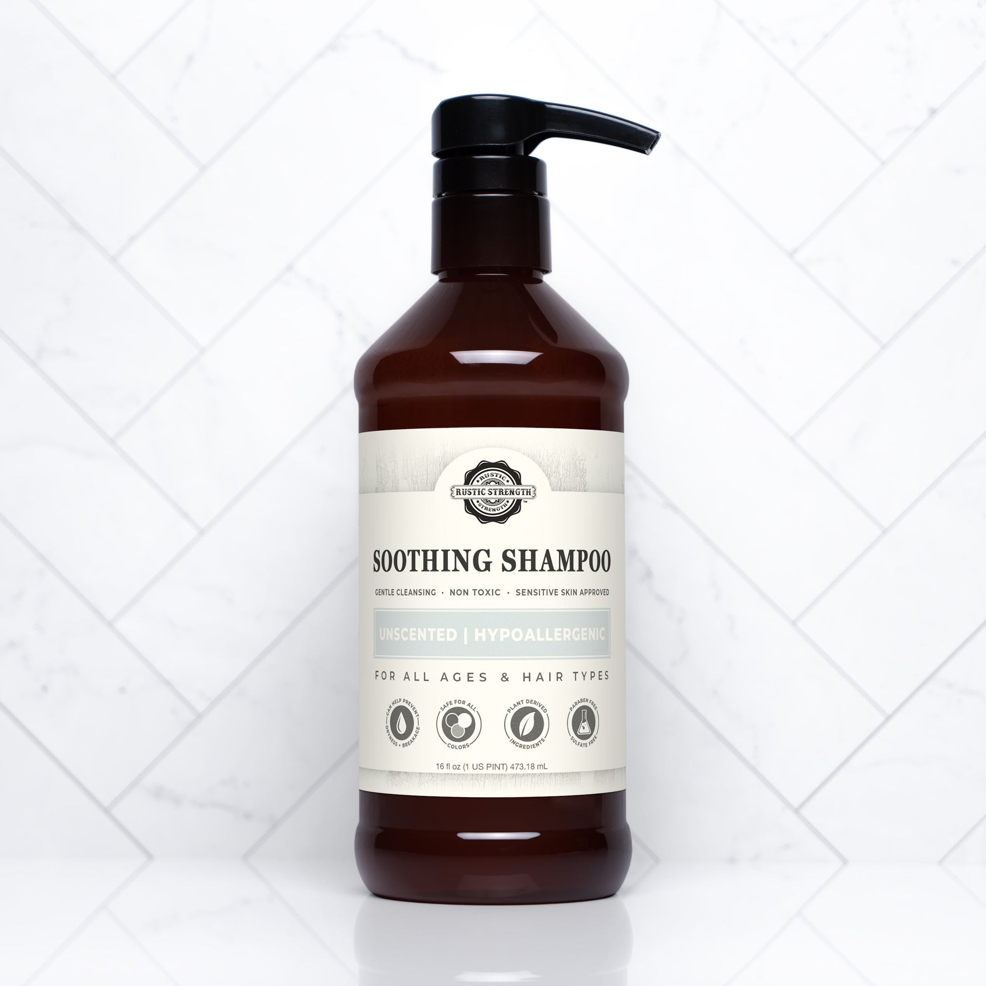 Rustic Strength Soothing Unscented Shampoo bottle showing the label and 16 oz size on a white background.