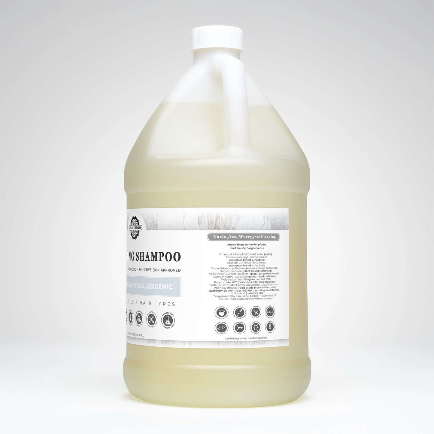 Rustic Strength Unscented Soothing Shampoo in a 16 oz bottle, gentle formula for sensitive scalps and healthy hair.