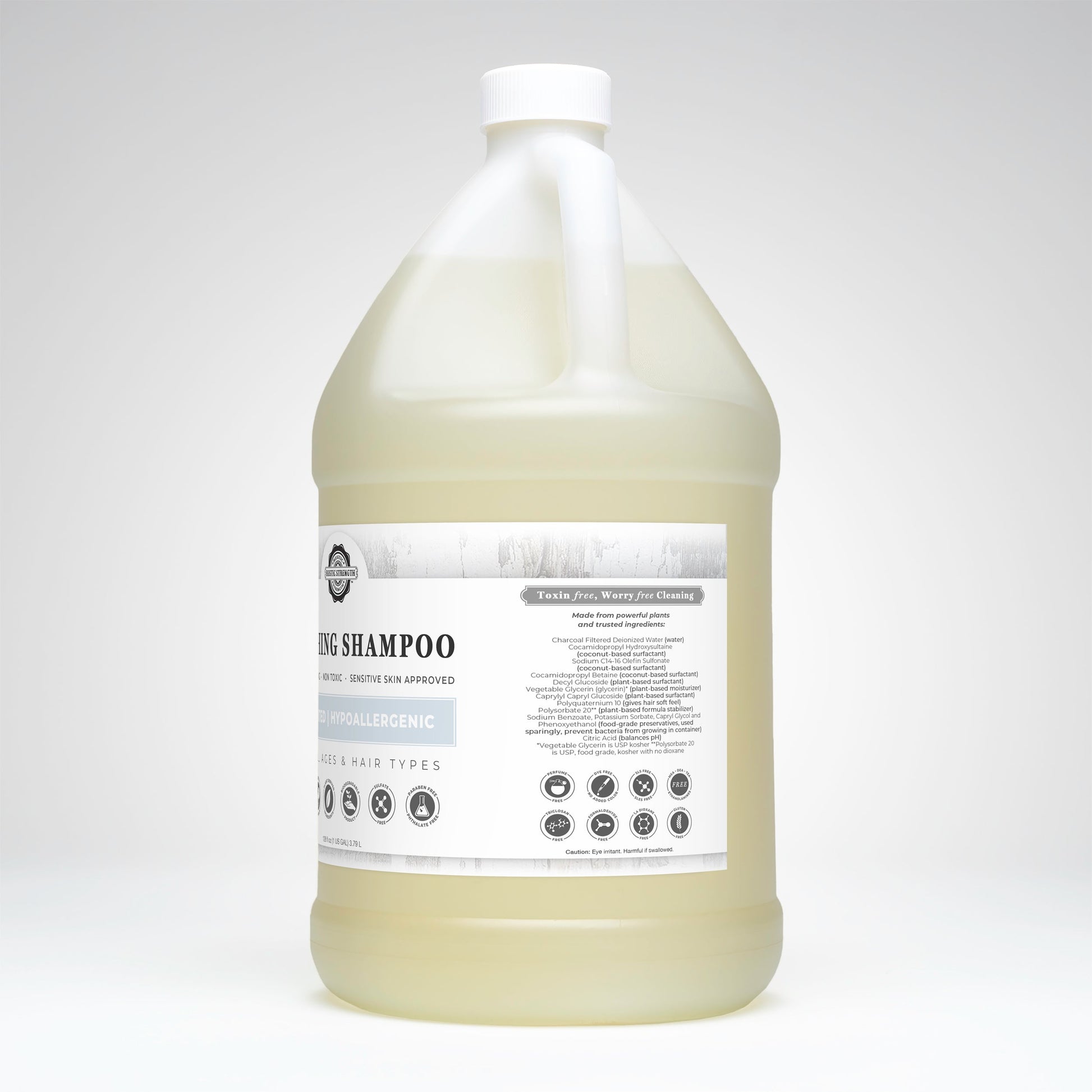Rustic Strength Unscented Soothing Shampoo in a 16 oz bottle, gentle formula for sensitive scalps and healthy hair.