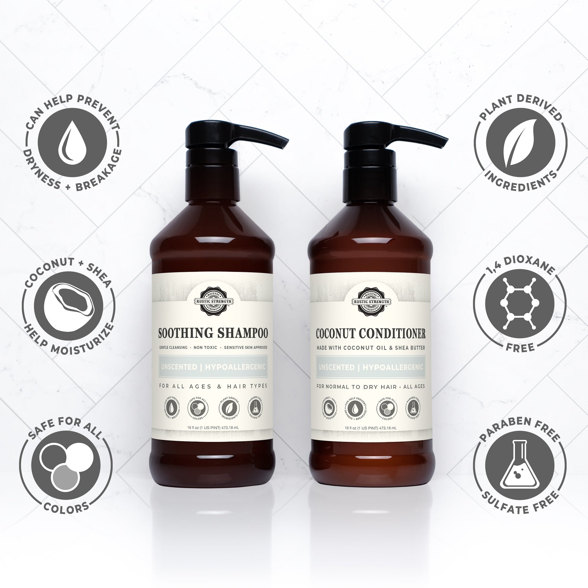 Two brown pump bottles of Rustic Strength Soothing Shampoo | Mama + Baby Safe are centered, surrounded by icons for moisturizing, pH-balanced care, plant-based formula, safe for all hair colors, and paraben-free benefits.