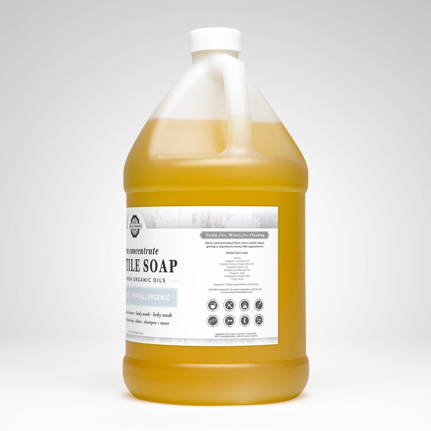 Rustic Strength Unscented Castile Soap in a 16 oz bottle with flip-top spout, ultra-concentrate, natural and eco-friendly cleaning product.