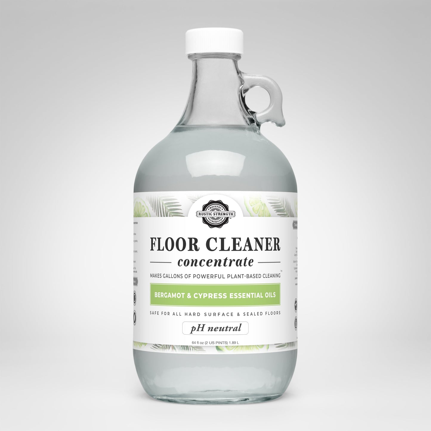 Rustic Strength Floor Cleaner Concentrate in 16 oz bottle with flip-top spout, scented with bergamot and cypress soap.