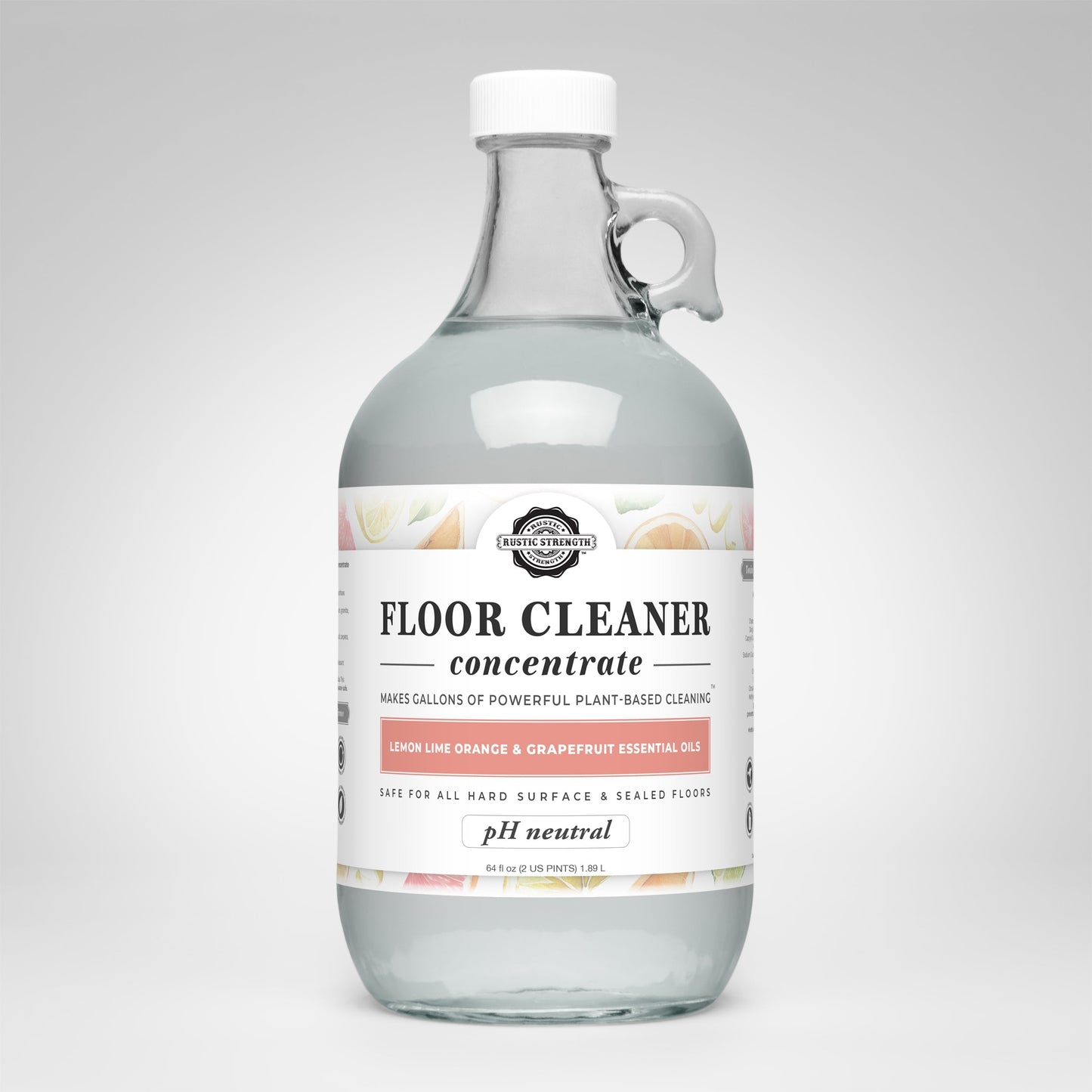 Rustic Strength Lemon, Lime, Orange & Grapefruit Floor Cleaner Concentrate soap in 16 oz bottle with flip-top spout.