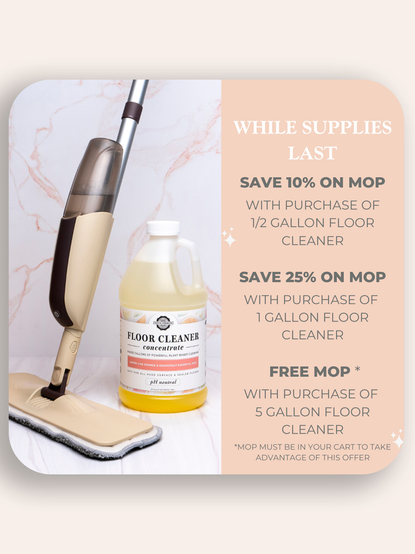 Rustic Strength floor cleaner concentrate in 16 oz bottle with flip-top spout, infused with rosemary, mint, and tea tree essential oils.