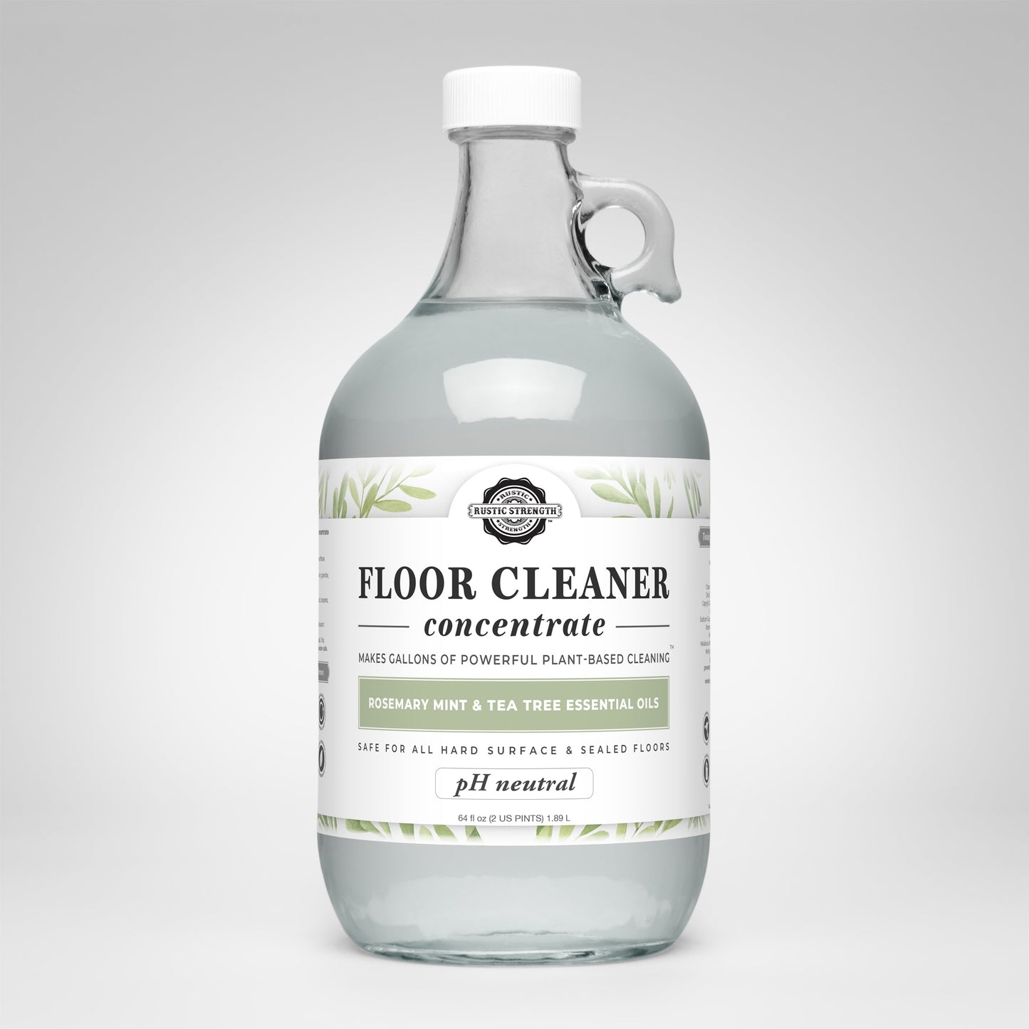Rustic Strength floor cleaner concentrate soap with rosemary, mint, and tea tree in a 16 oz bottle with flip-top spout.