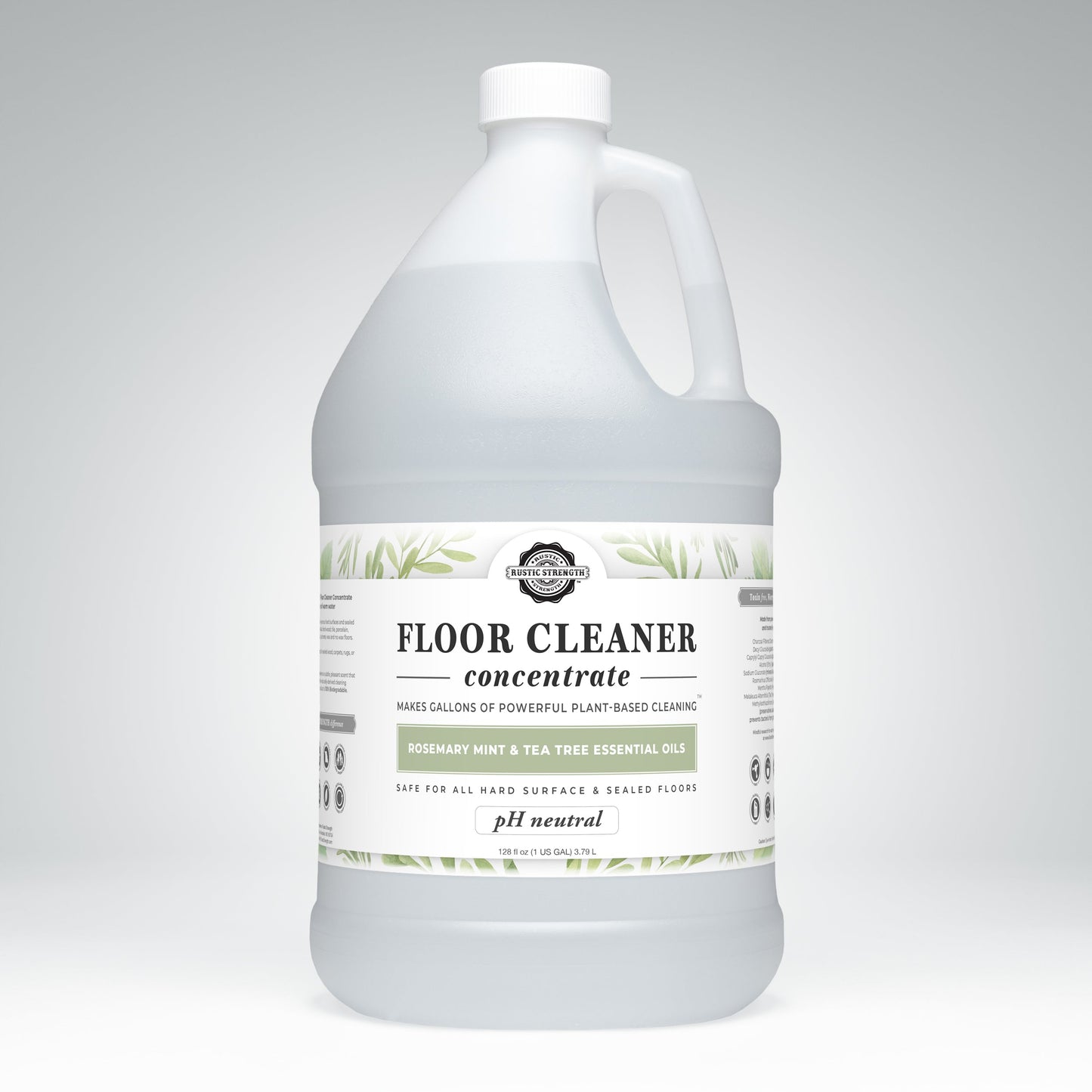 Rustic Strength Floor Cleaner Concentrate soap in 16 oz bottle with flip-top spout, scented with rosemary, mint, and tea tree.