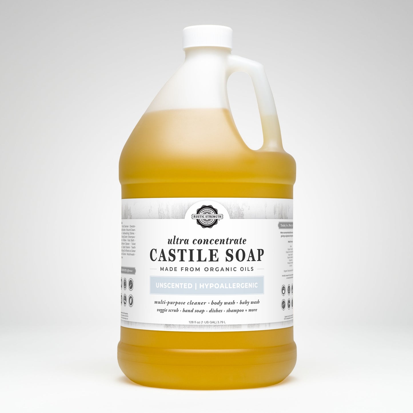 A large clear plastic jug with a white handle and cap contains yellow Rustic Strength Castile Soap - Ultra Concentrate | Unscented. The label notes it’s a hypoallergenic multi-purpose cleaner made from organic oils.