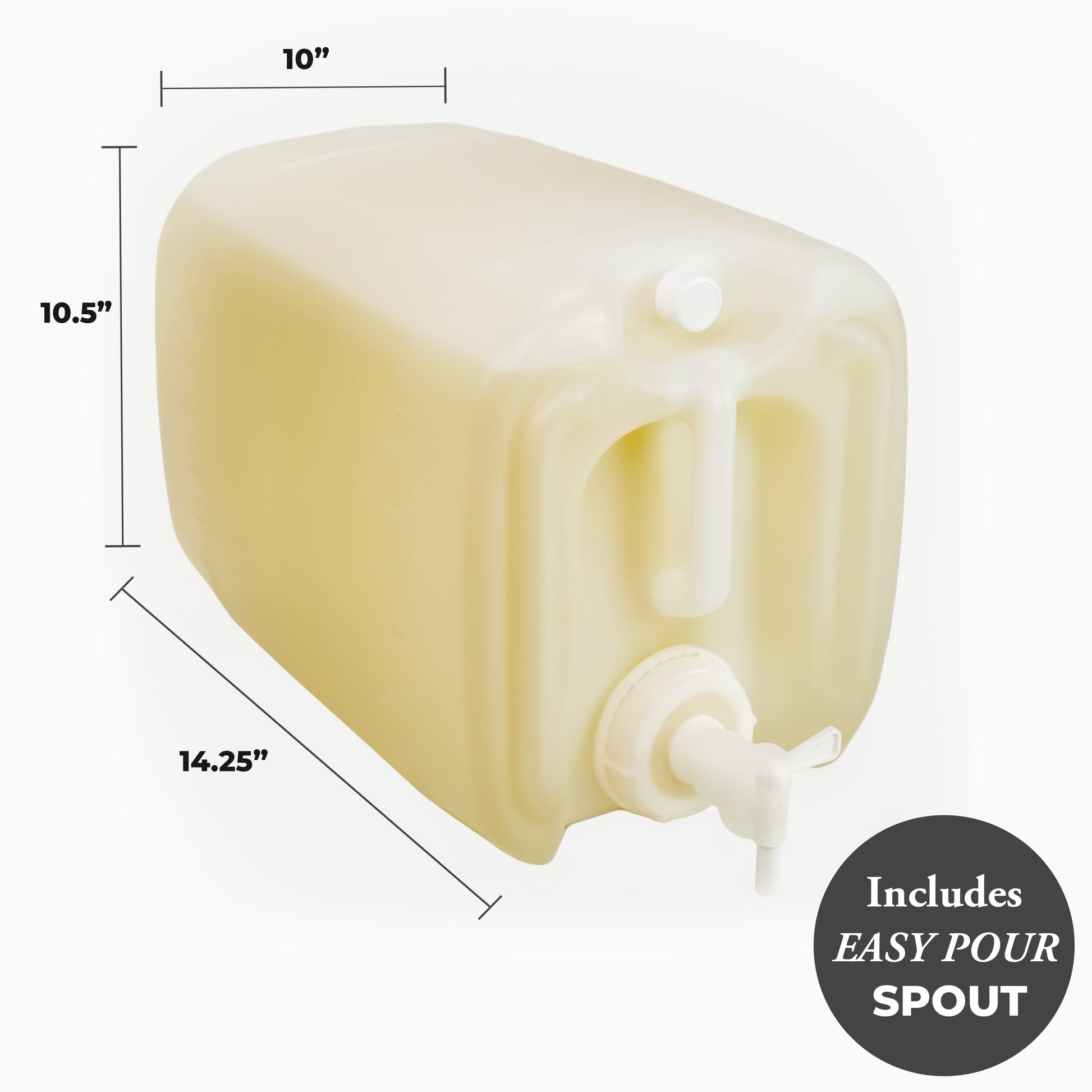 Rustic Strength Castile Soap - Ultra Concentrate | Unscented comes in a large rectangular plastic container with an easy-pour spout (label reads Includes EASY POUR SPOUT), pale yellow liquid, and measures 14.25 L x 10 W x 10.5 H.
