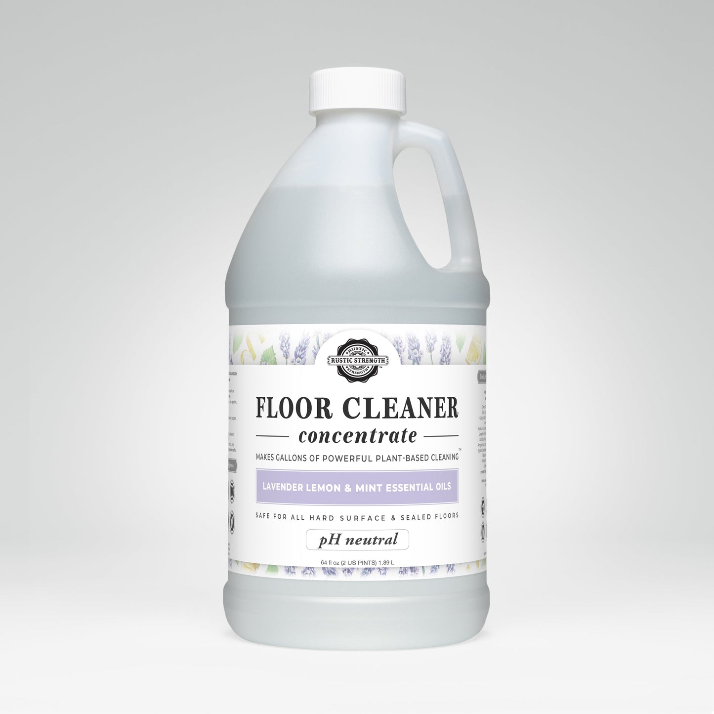 A plastic bottle of Rustic Strength Floor Cleaner Concentrate | Lavender, Lemon & Mint features a white label with lavender images and highlights its plant-based, non-toxic, pH-neutral formula with essential oils.
