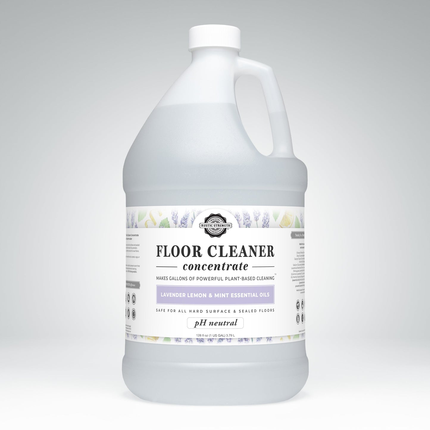 Rustic Strength Floor Cleaner Concentrate | Lavender, Lemon & Mint comes in a large jug with a white label. This plant-based, pH neutral, non-toxic formula cleans all hard surfaces and sealed floors safely.