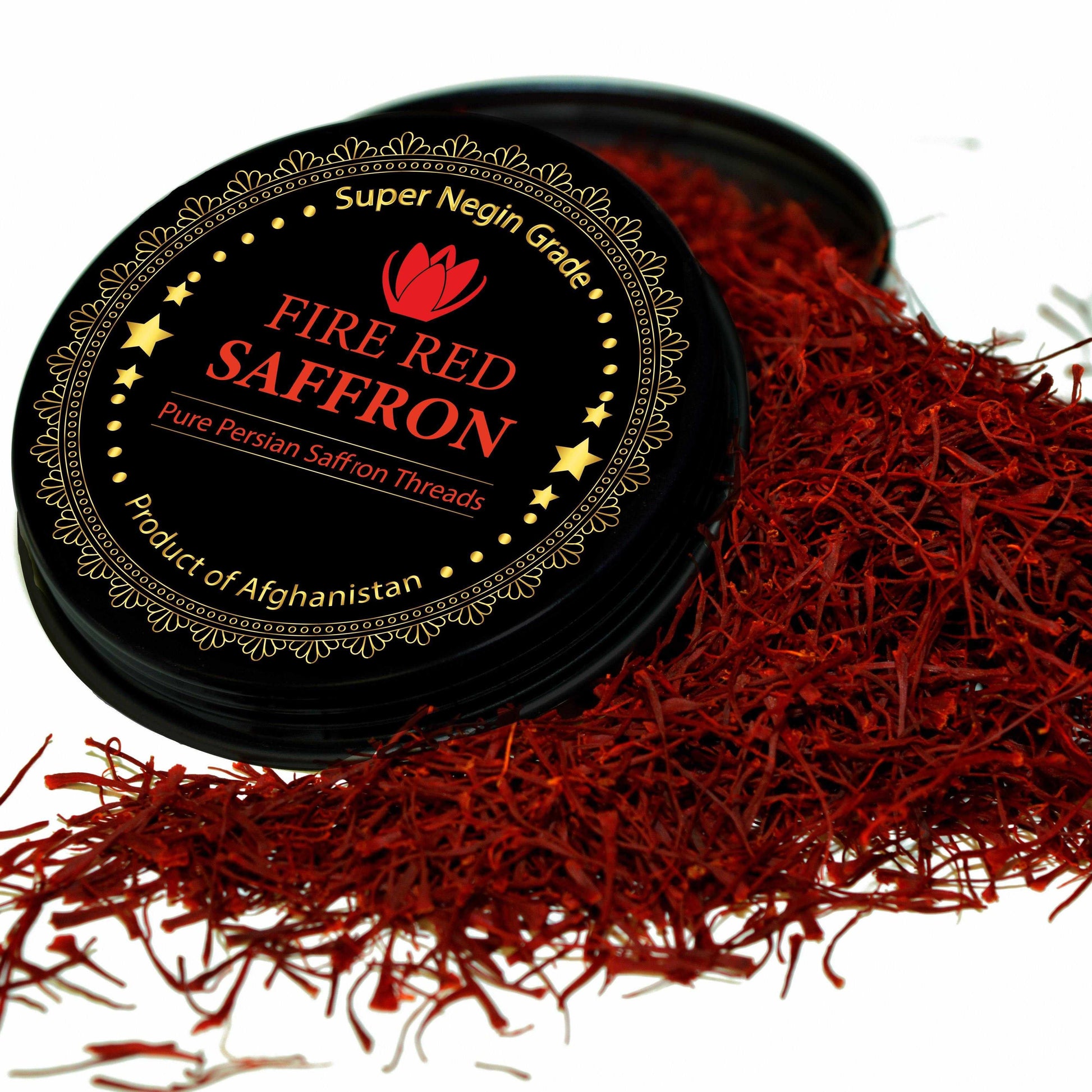 Premium Saffron Threads by Vanilla Bean Kings, Super Negin grade, showcasing vibrant red saffron strands on a white background.