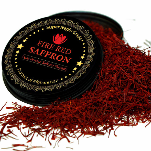 Premium Saffron Threads by Vanilla Bean Kings, Super Negin grade, showcasing vibrant red saffron strands on a white background.