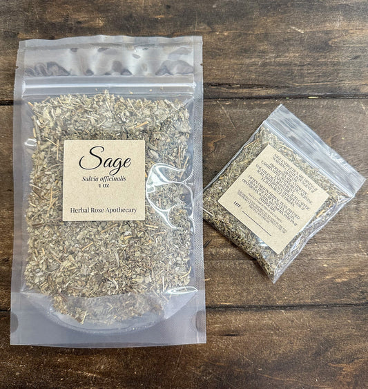 Dried sage herbs from HerbalRoseApothecary, showing fresh green leaves and stems in a natural bundle.