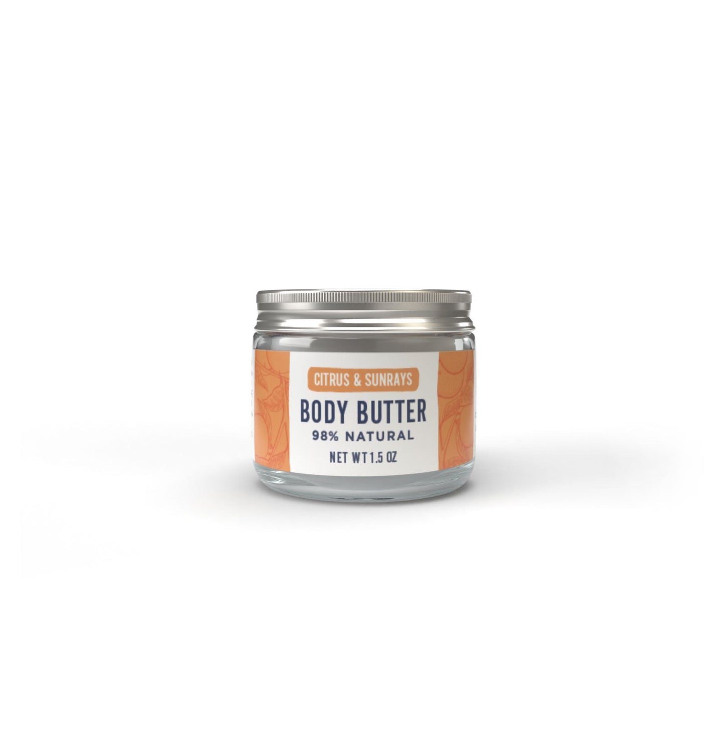 A glass jar of Salacia Salts Citrus & Sunrays Body Butter sits centered on a white surface, with a silver lid and an orange floral label reading "98% Natural, Net Wt 5.5 oz.