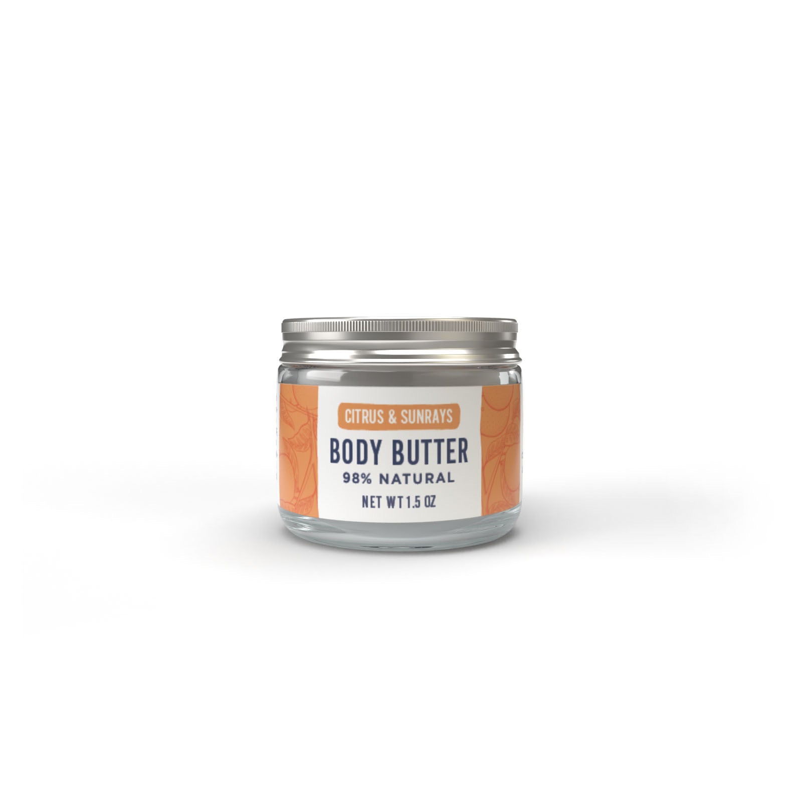 A glass jar of Salacia Salts Citrus & Sunrays Body Butter sits centered on a white surface, with a silver lid and an orange floral label reading "98% Natural, Net Wt 5.5 oz.