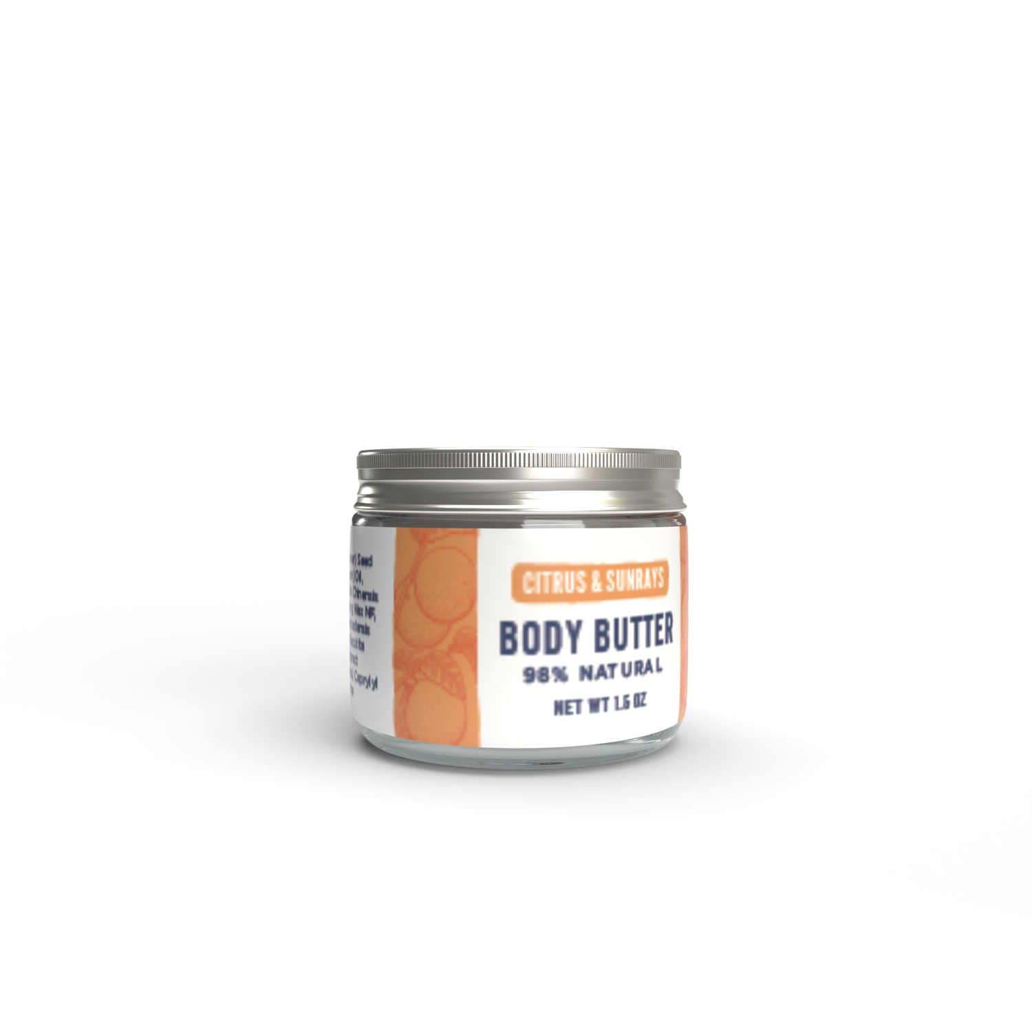 A 6 oz glass jar of Salacia Salts Citrus & Sunrays Body Butter, labeled “98% Natural,” features citrus fruit graphics on an orange and white label against a white background.