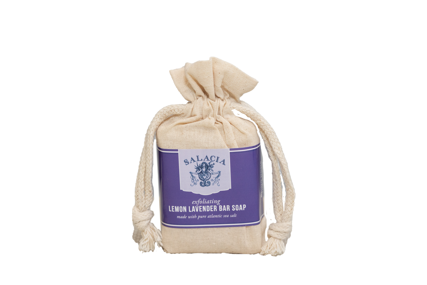 A beige drawstring bag with a purple label reads “Salacia Salts Lemon Lavender Bar Soap, made with pure Atlantic sea salt.” The natural soap bar sits on a plain white background, its bag neatly tied at the top.