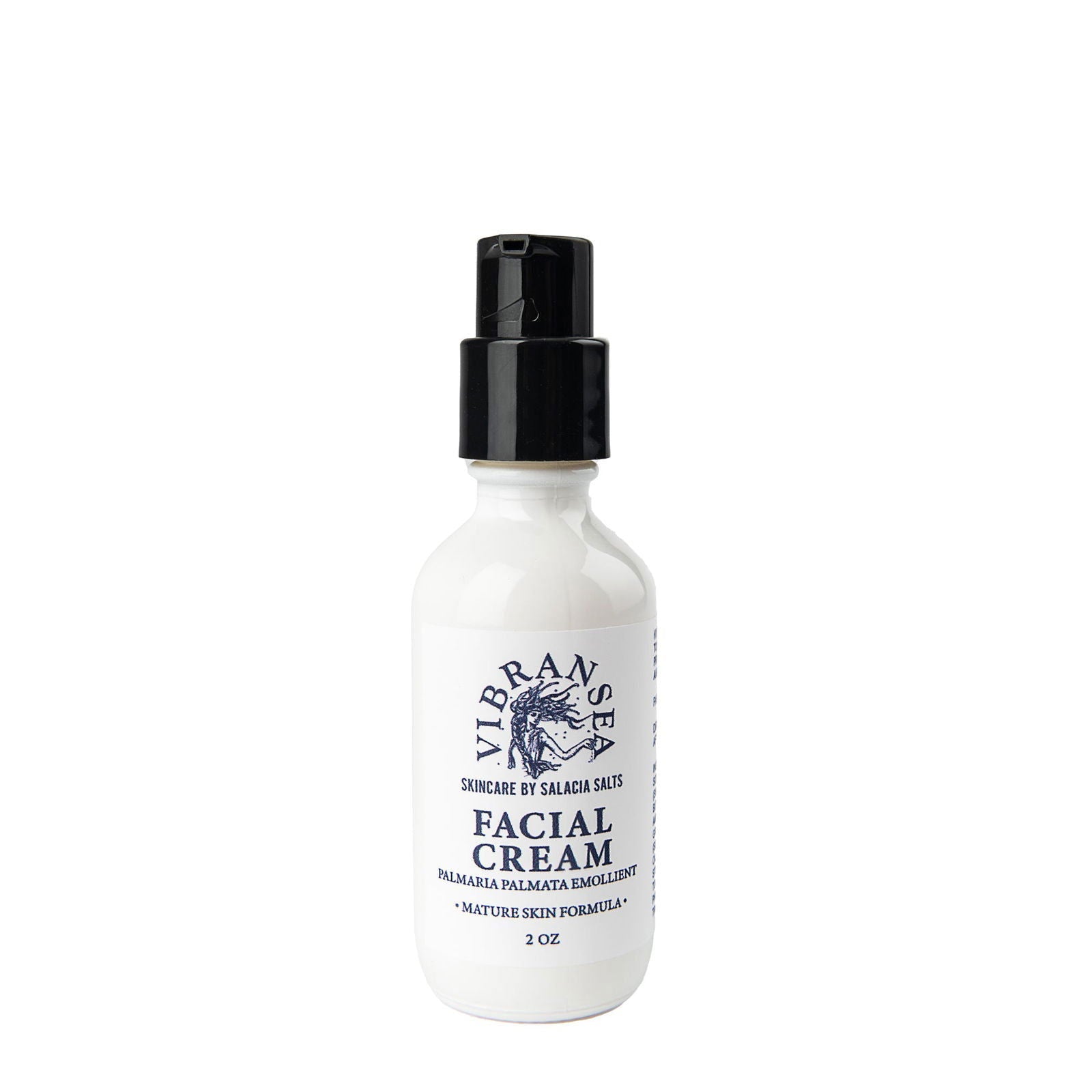 A white 2 oz bottle of Salacia Salts Vibransea Hyaluronic Acid Facial Cream features a black pump, printed label, and a mature skin formula to even skin tone and deliver hydration.