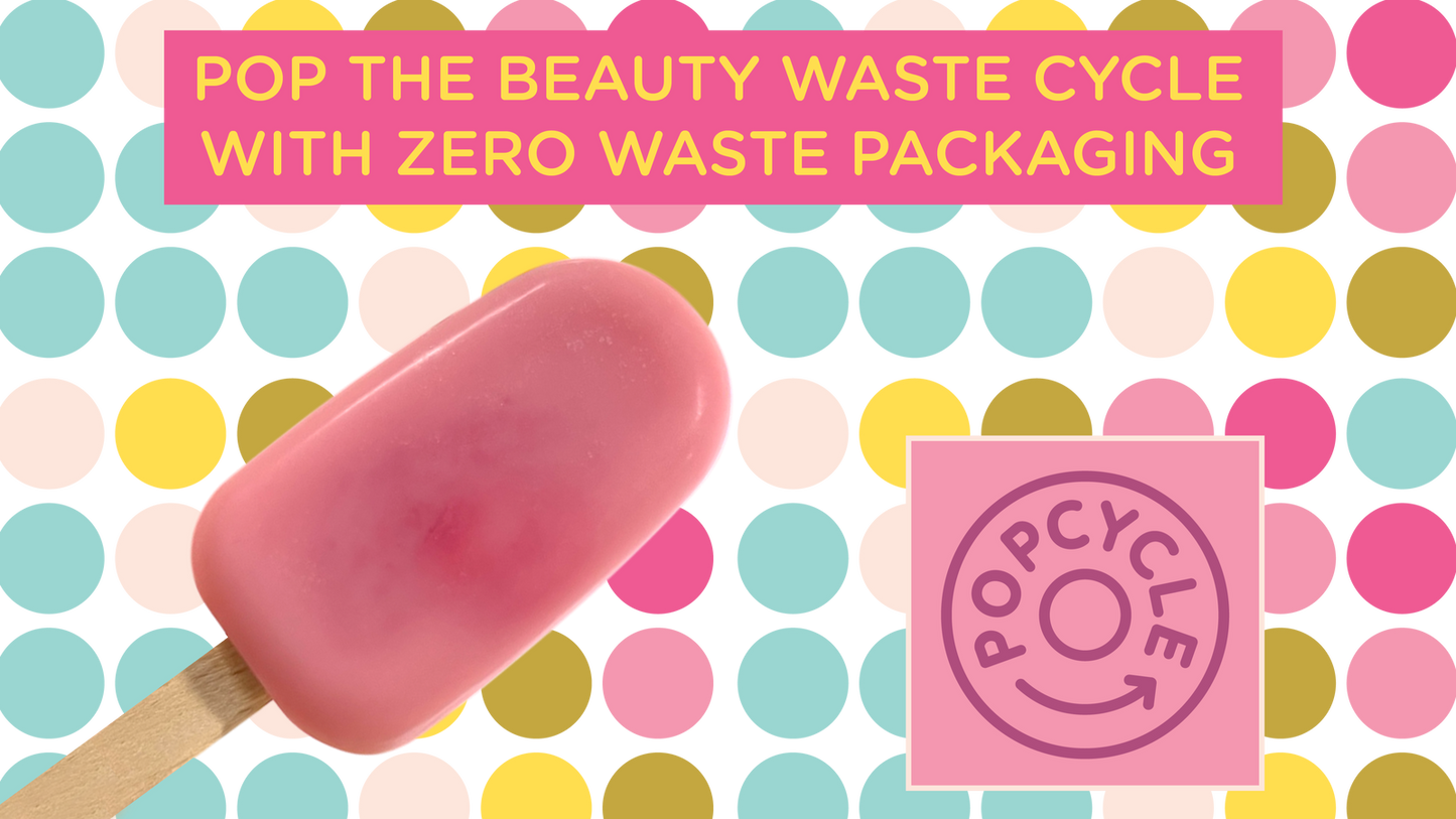 A pink popsicle sits before a colorful polka dot background. Text reads, "Pop the beauty waste cycle with package free Popcycle Lotion Bars for hair, face, or body by Salacia Salts." A circular logo at the bottom says Popycle.