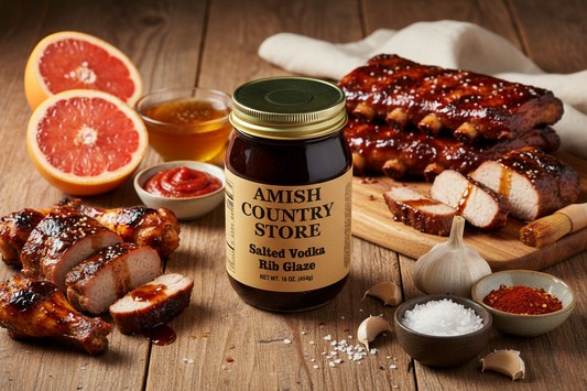 Canned Amish Country Store Salted Vodka Rib Glaze in a 16 oz jar, showcasing the glossy, salted vodka-flavored rib glaze.