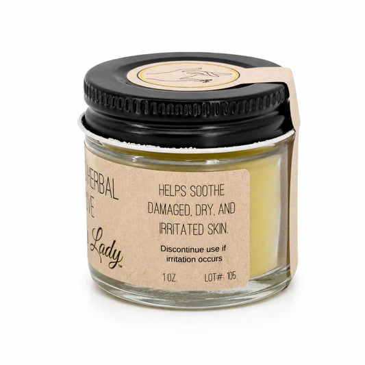 1 oz. soothing herbal salve from The Salvy Lady, featuring natural ingredients for skin relief in a small bath and body jar.