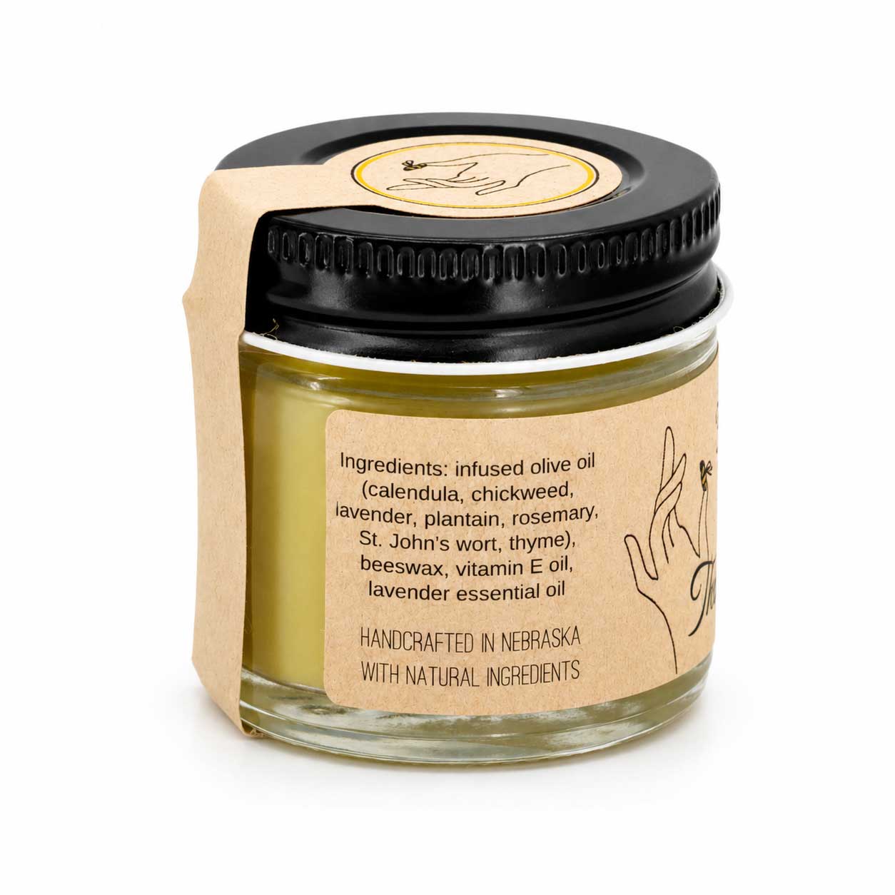 1 oz. soothing herbal salve by The Salvy Lady for bath and body care, shown in a small jar with herbal ingredients.