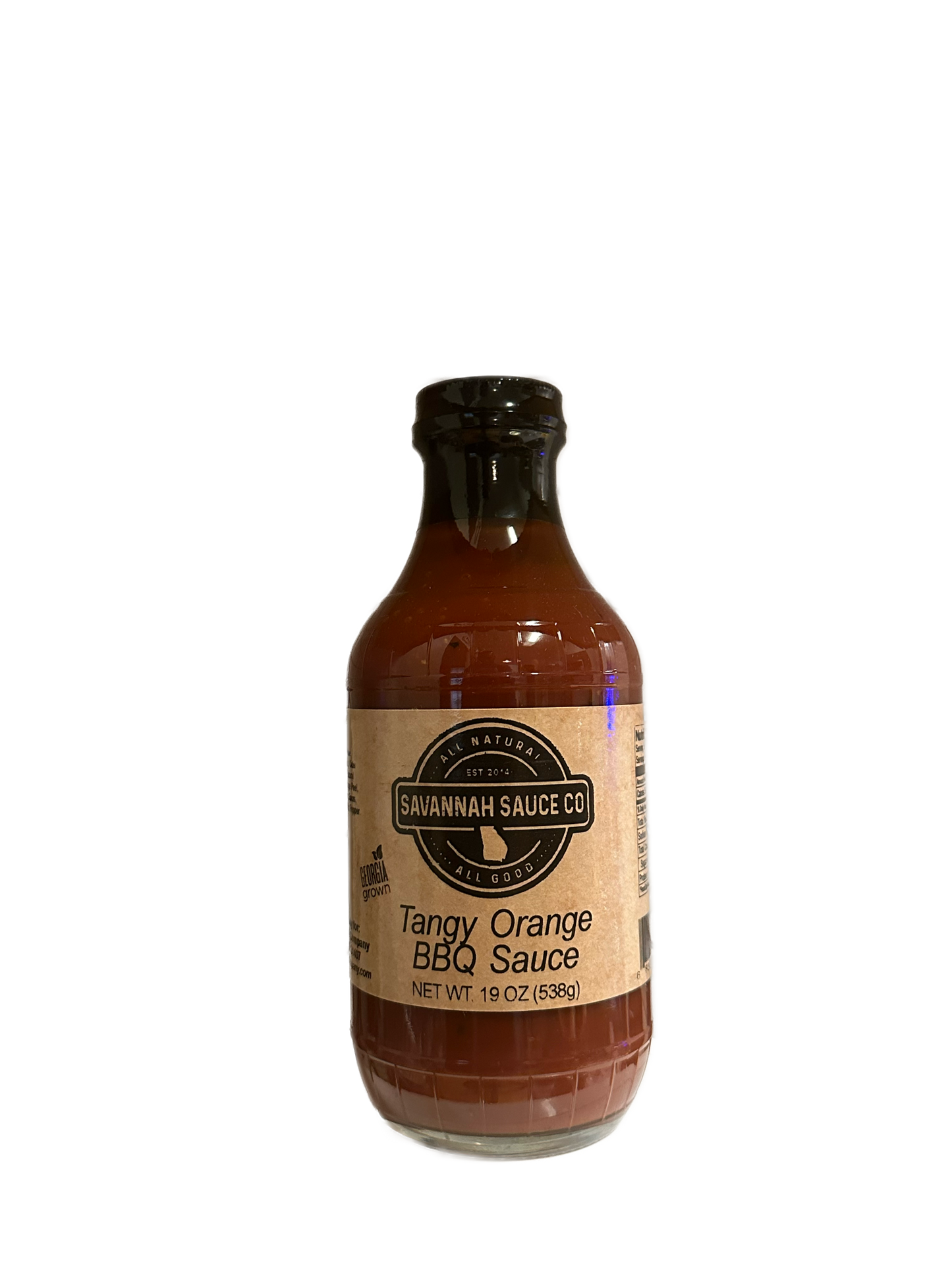 A case of SavannahSauceCompany NEW Tangy Orange BBQ Sauce features a brownish-orange color, a beige label, and contains 19 oz (538g) bottles made with Jacksonville Florida oranges.