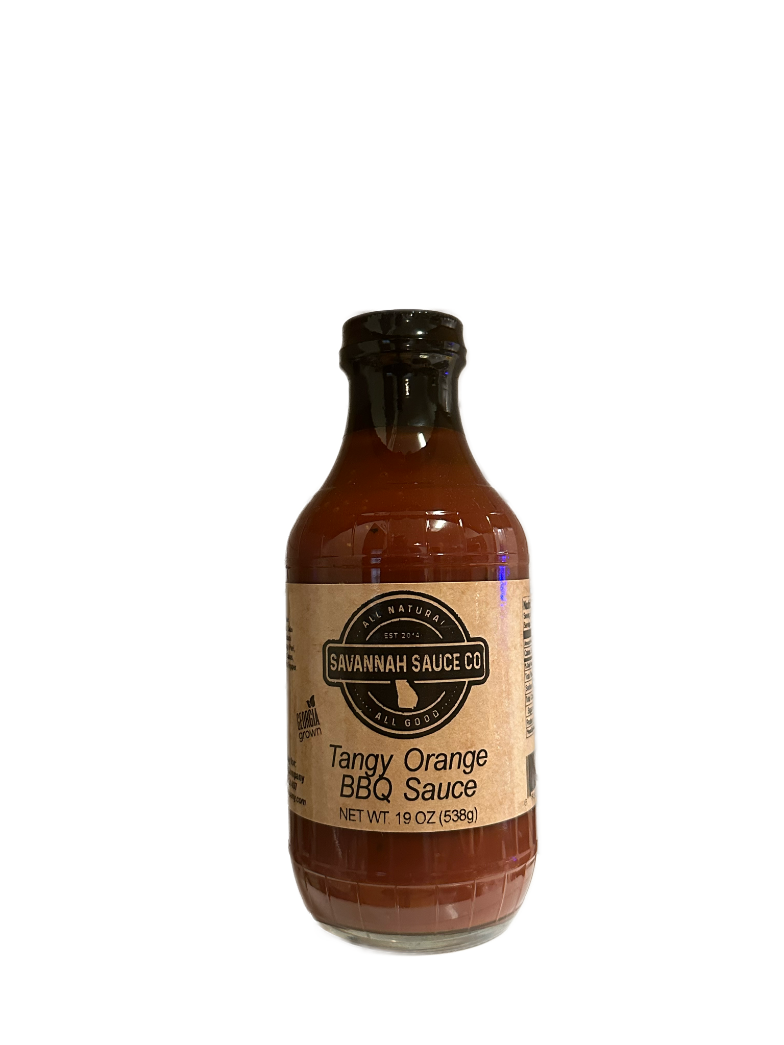 A case of SavannahSauceCompany NEW Tangy Orange BBQ Sauce features a brownish-orange color, a beige label, and contains 19 oz (538g) bottles made with Jacksonville Florida oranges.