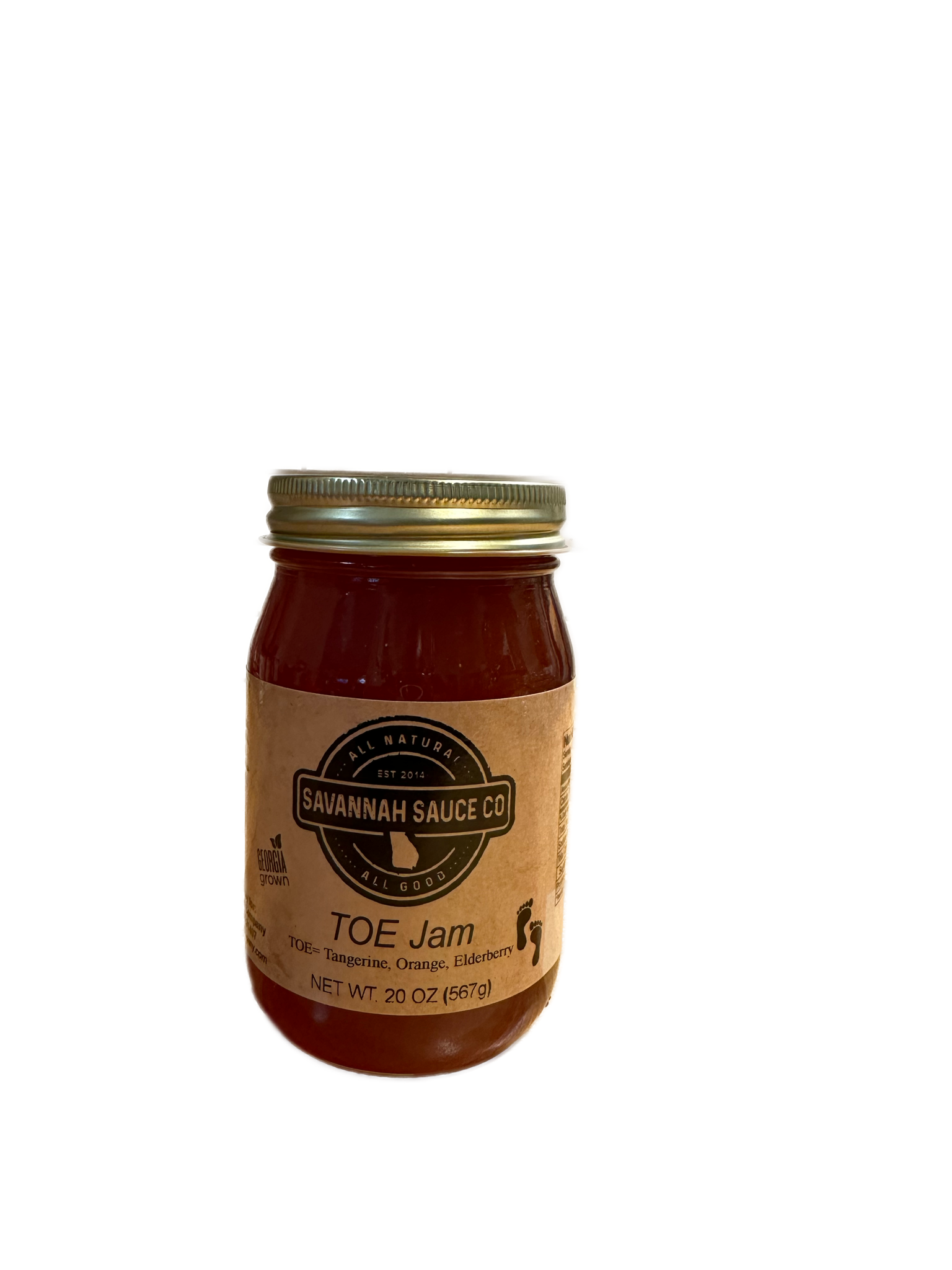 Gourmet New Toe Jam by SavannahSauceCompany featuring tangerine, orange, and elderberry flavors in a jar.