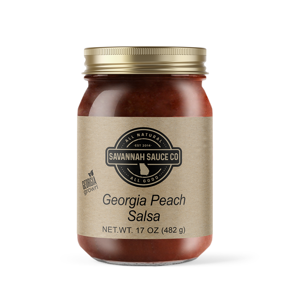 A 12-count case of SavannahSauceCompany Georgia Peach Salsa, 17 oz jars with gold lids and beige labels, made from diced tomatoes, all-natural Georgia-grown produce, and clear product details.